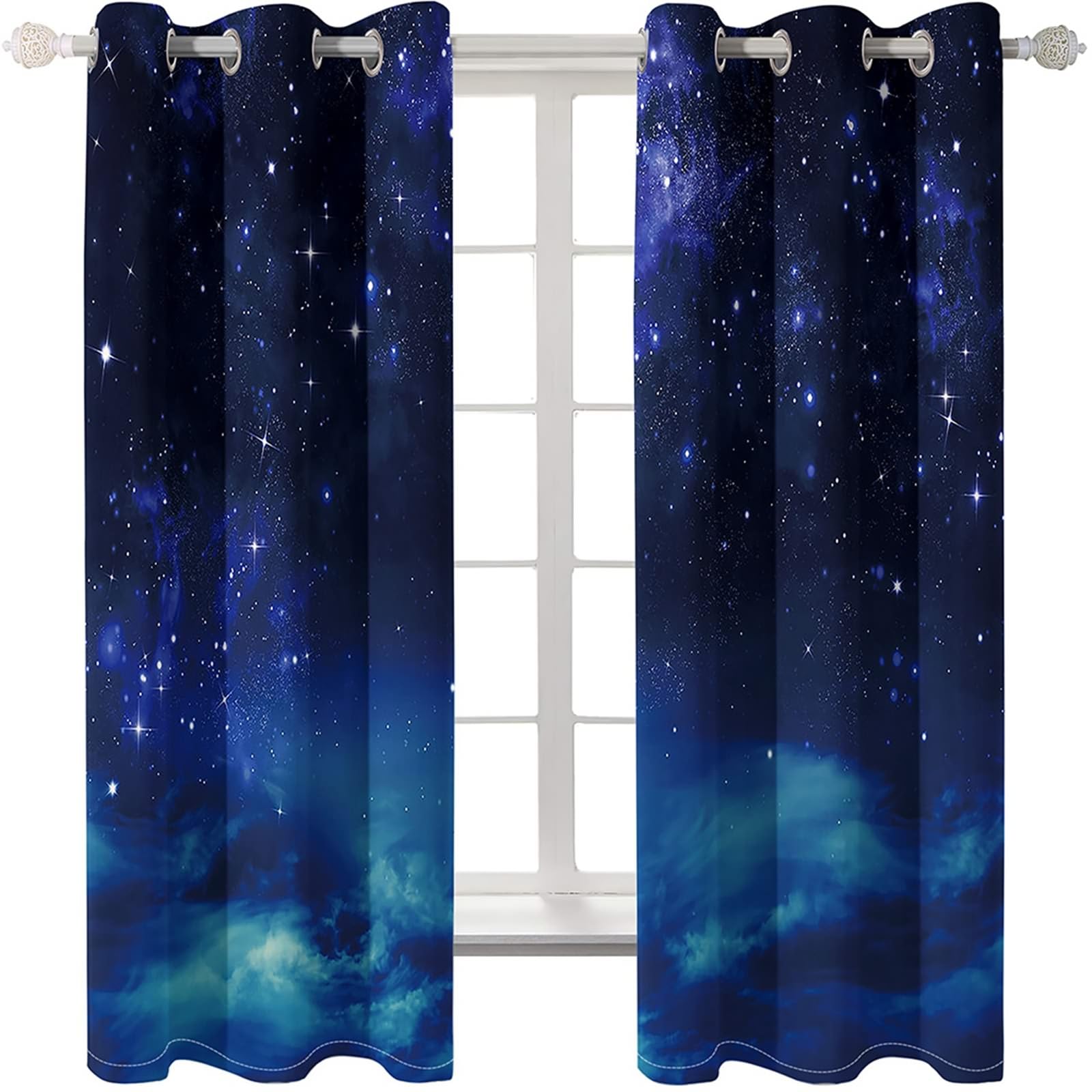 1 Paire de Rideaux Occultant, Rideau Interieur Thermique à Oeillets Paysage de Ciel Étoilé et Nuages Rideaux de Fenêtre pour Chambre Salon Intérieurs, 86x138 CM(LxH), Bleu Marine