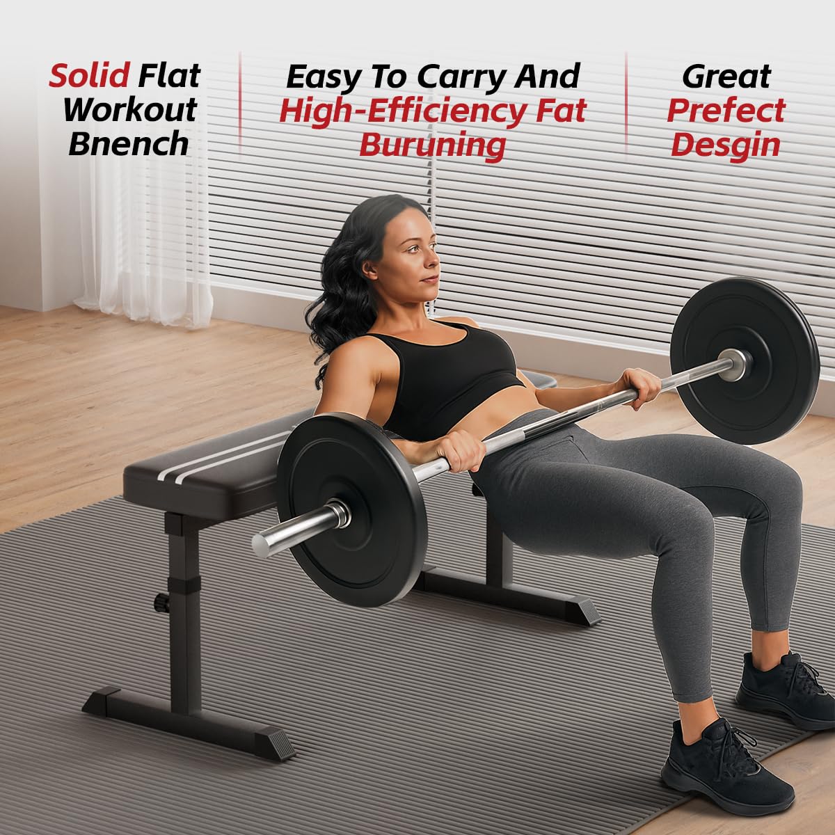 Black Flat weight Bench, Bench workout, Easy Assembly for Training Bench Press with adjustable height, 600LBS gym bench for Full Body Workout and home workout, 4 Adjustable Heights Heavyy Bench