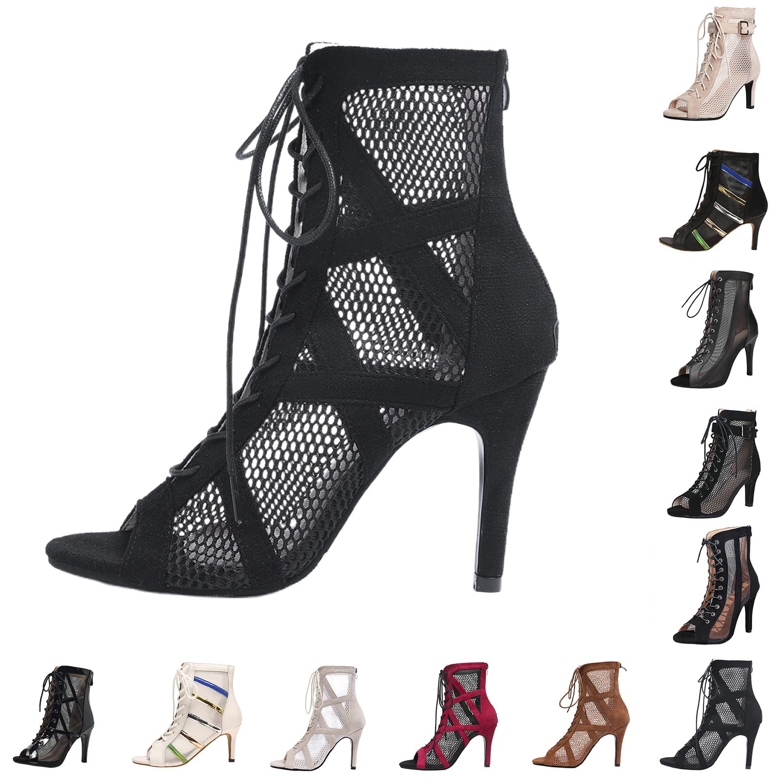 Générique Chaussures de Danse Femme Latine Talons Bout Ouvert Lacets Salle de Bal Salsa Bachata Danse Bottines Talon 7 cm