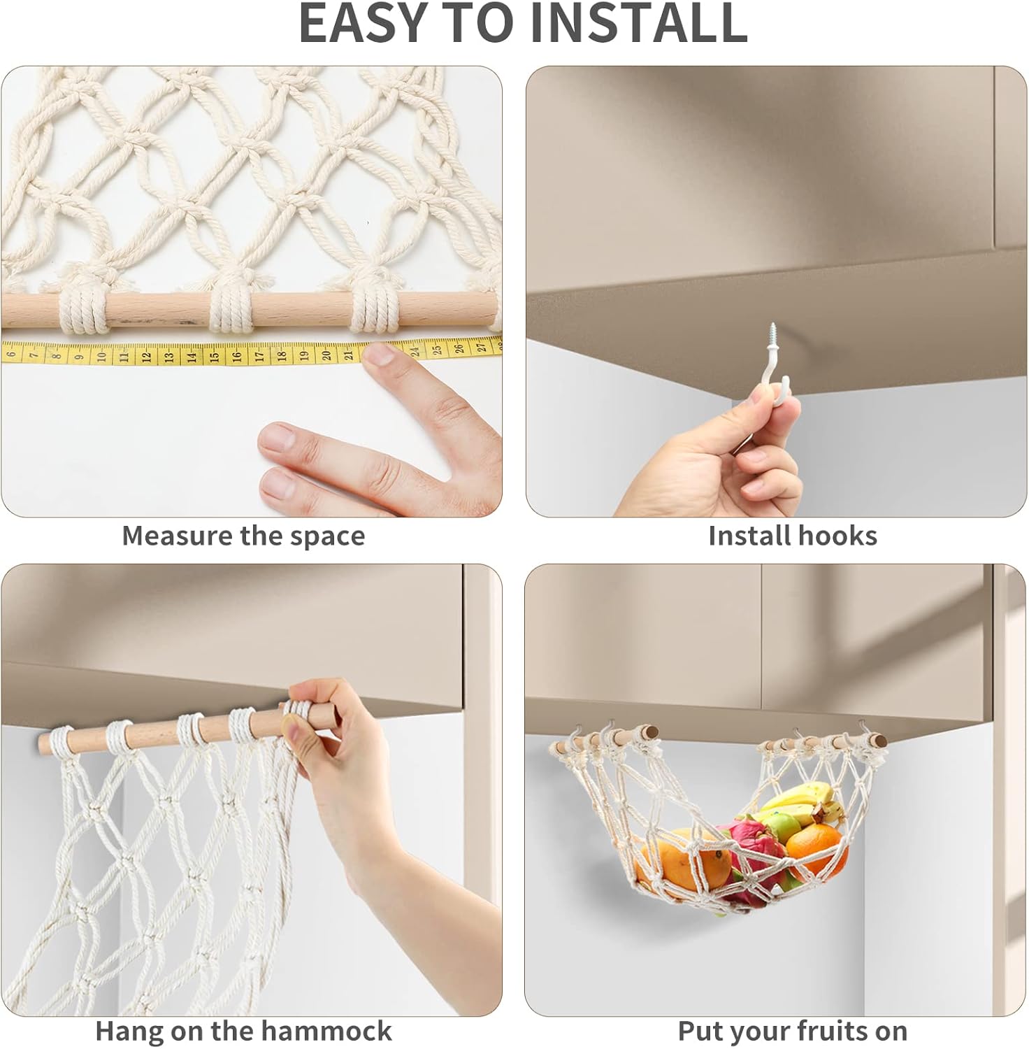 Hanging Fruit Hammock with Hooks, Hanging Fruit Basket Under the Kitchen Cabinet for Storing Banana Fruits, Hand-Woven Lace Hanging Basket for Kitchen Décor, Rectangle 5