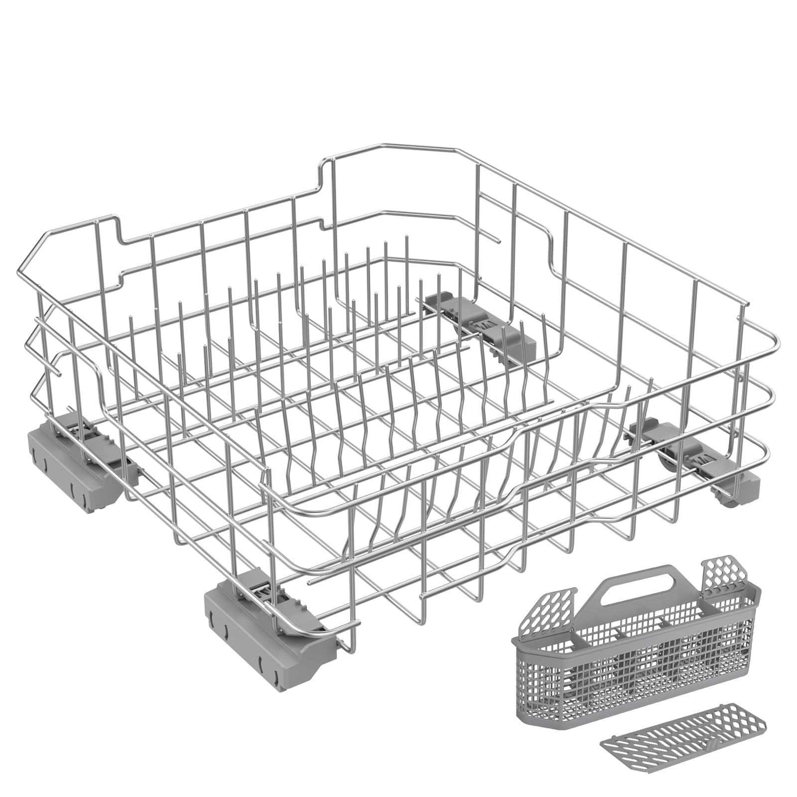 UPGRADED WD28X26099 Dishwasher Lower Rack-304 Stainless Steel Compatible with General Electric GE Dishwasher Racks GDT535PSM0SS GDF510PSM0SS With WD28X10128 Silverware Basket & Dishwasher Rack Wheels