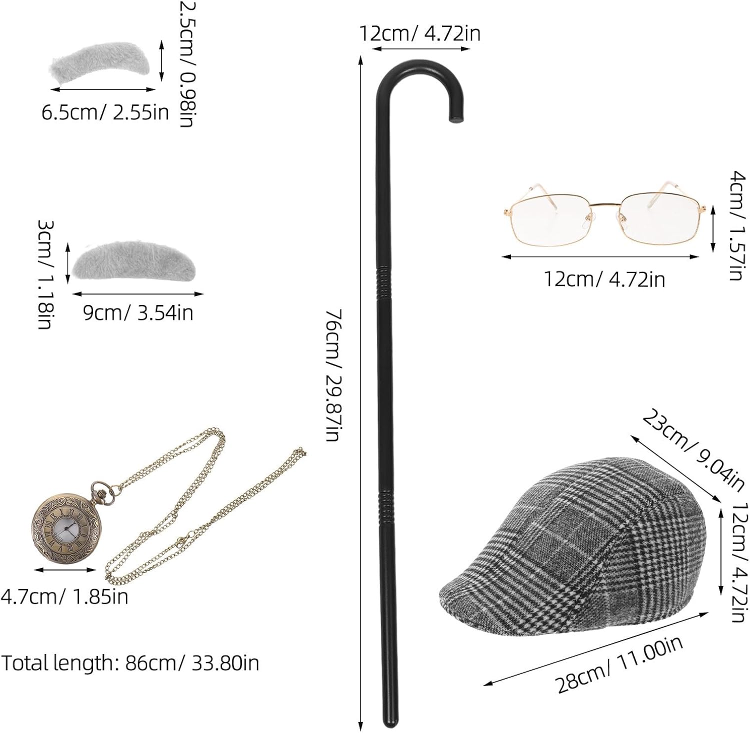 6pcs Old Costume for Boys, 100th Day Costume 1920s Grandpa Accessories Newsboy Hat Glasses Eyebrows Pocket Watch Multi