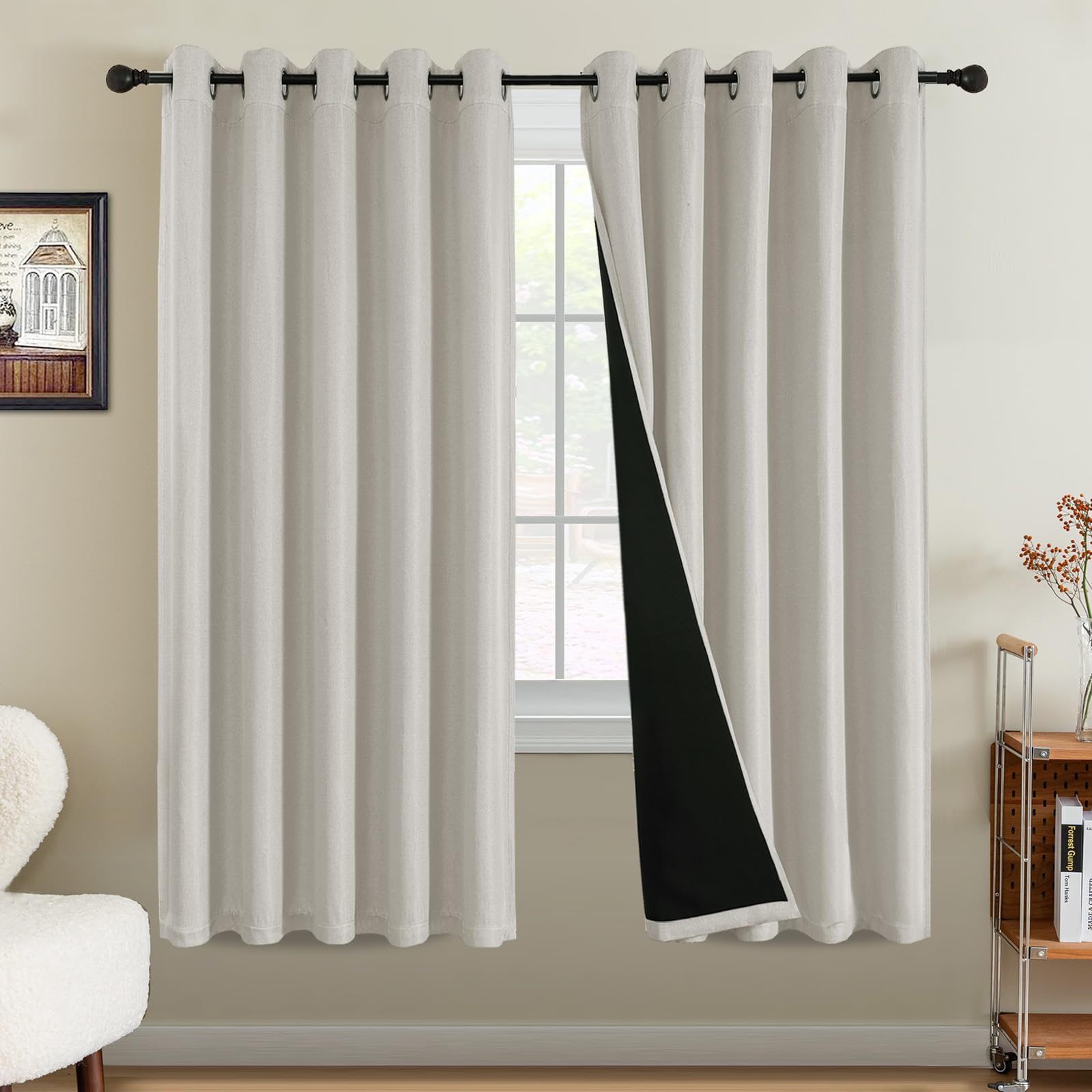 Bellahills Heather Natural 100% Blackout Curtains For Bedroom Thermal Faux Linen Curtain For Living Room Burlap Textured Eyelet Curtains & Drapes, 2 Panels, 66 X 72 Inch,