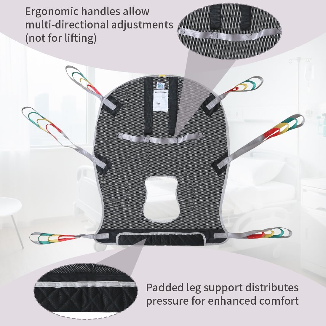 Eslinga universal de 6 puntos de elevación para pacientes de cuerpo completo, malla transpirable y apertura de cómoda, apto para elevadores, capacidad de peso segura de 500 libras (pequeño)