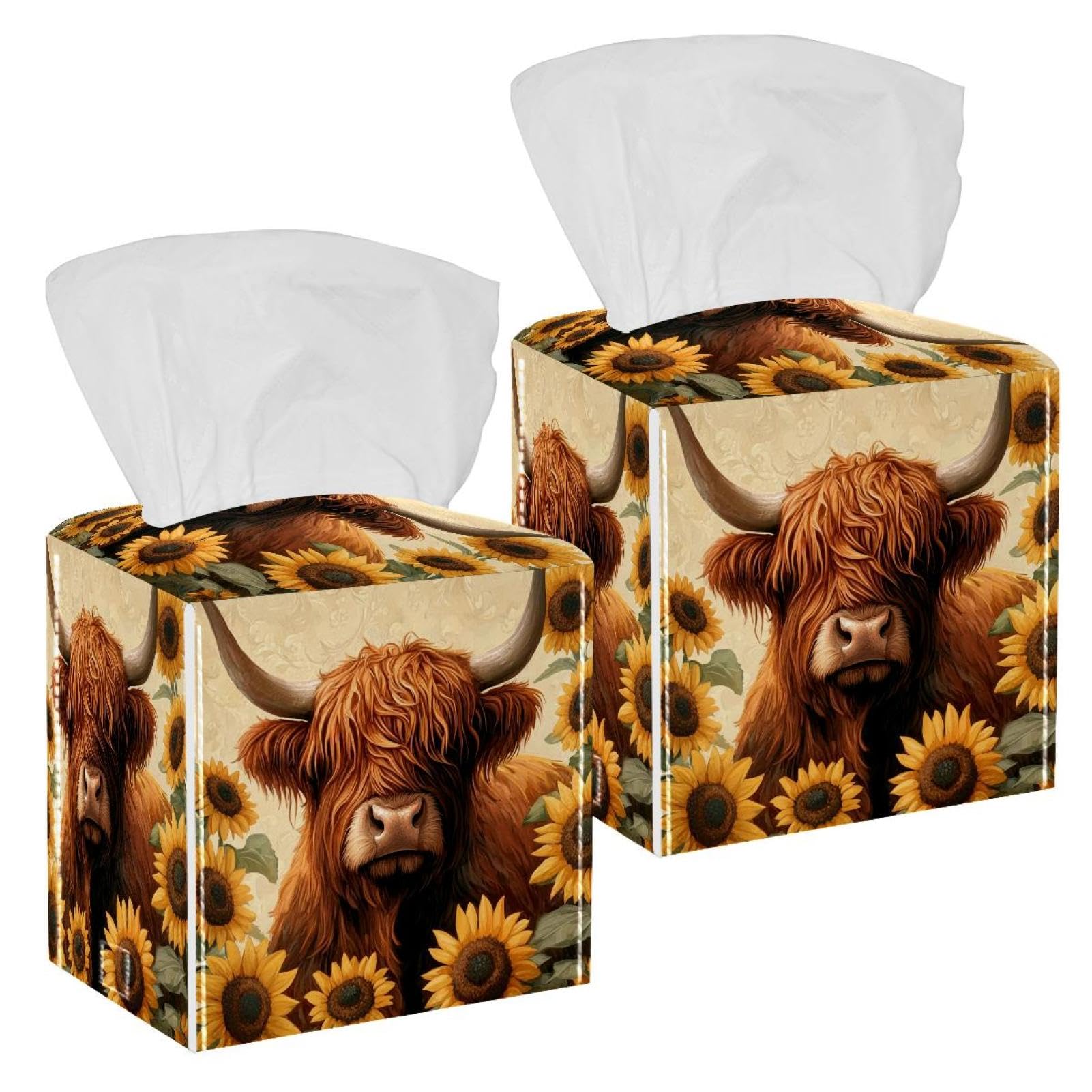 Sunflower Highland Cow Tissue Box Cover, 2 Pack PU Leather Square Facial Tissue Dispenser Box holder for Home Office Car