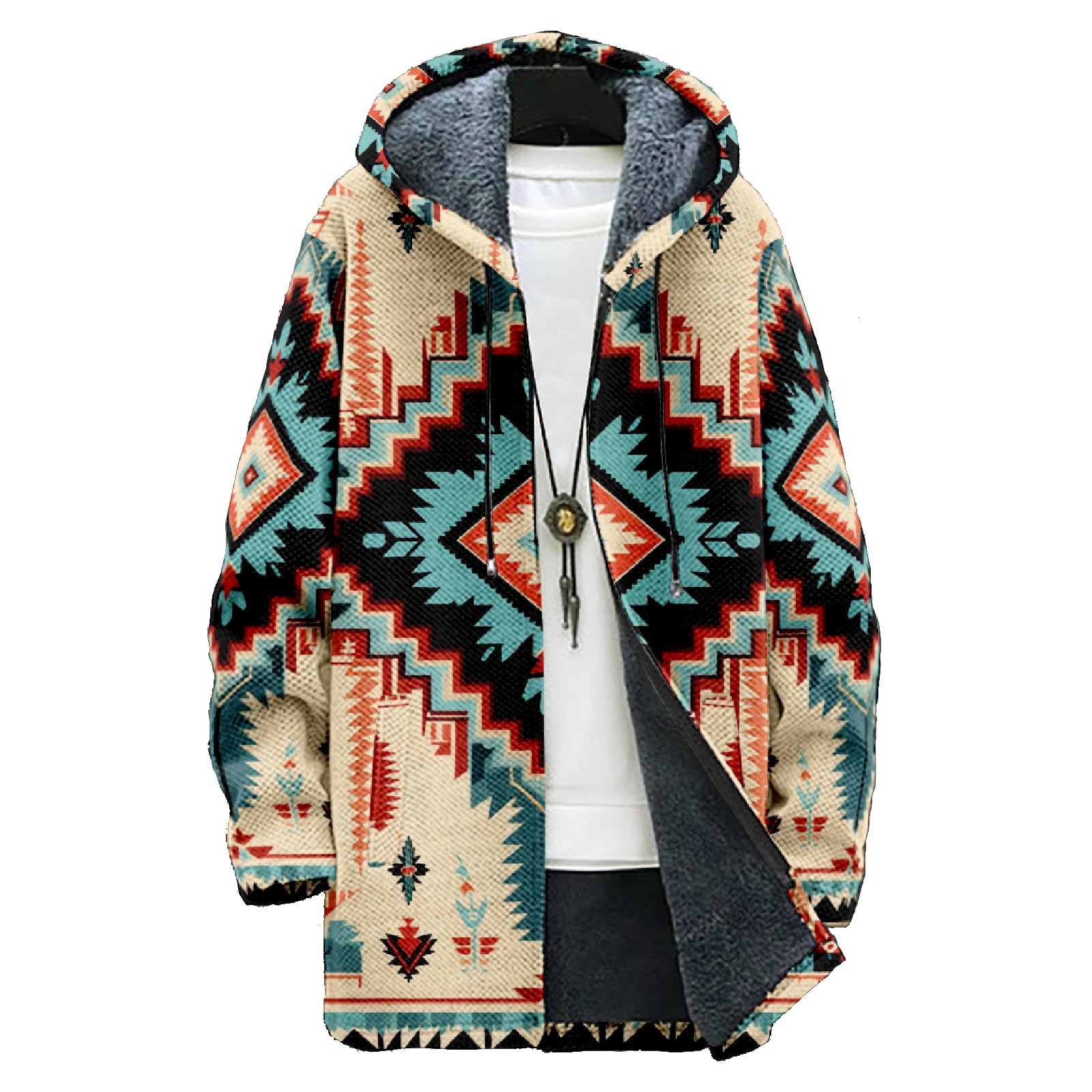 Mens Oversized Western Aztec Long Hooded Cardigan Ethnic Vintage Tribal Print Sweater Coat with Pockets