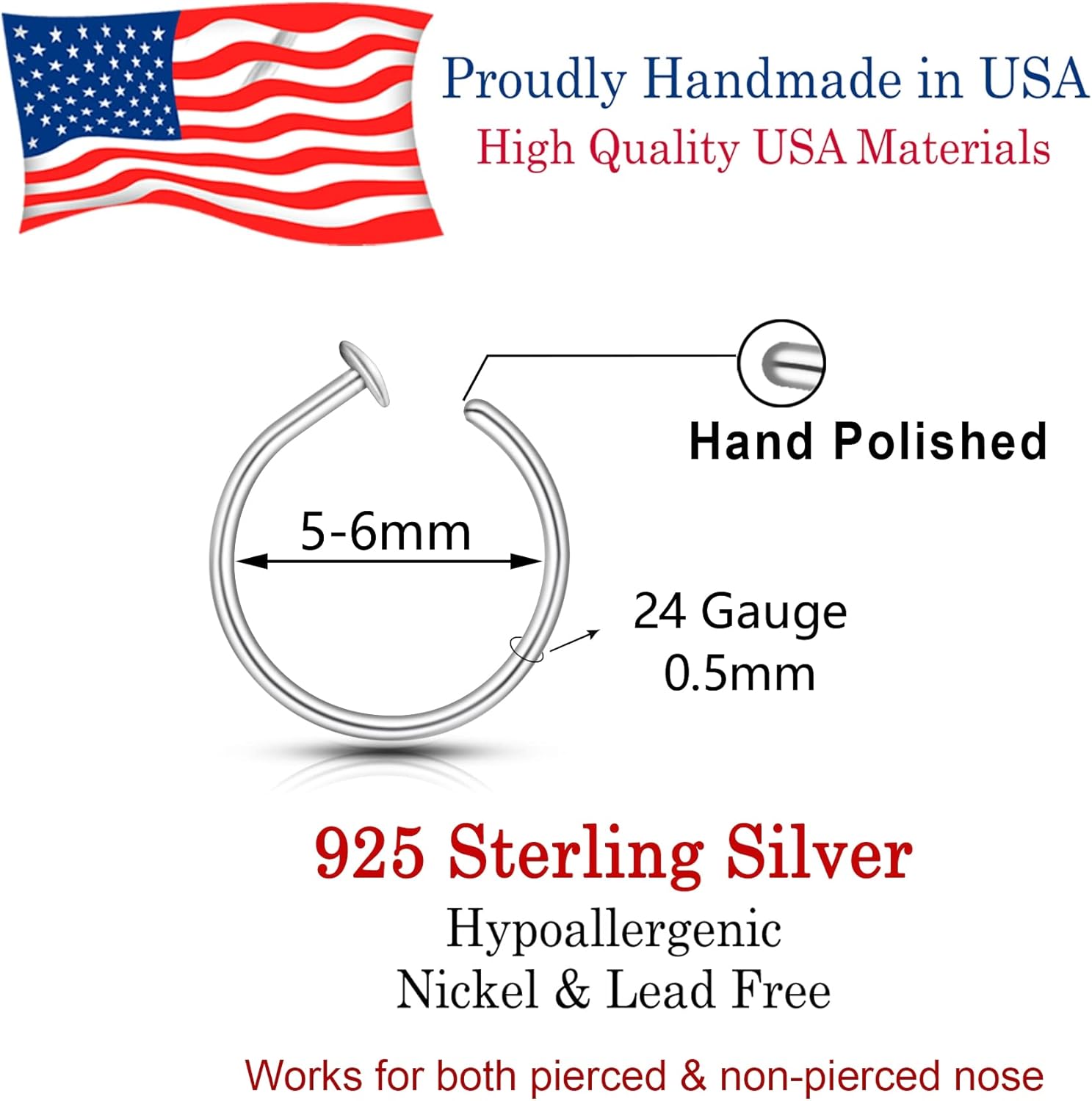 Gold Silver Small thin nose ring hoop 20G 20 22 gauge stud nostril piercing jewelry for Women, 14k Gold filled or 925 sterling silver nose hoop (Sterling Silver, 5-6mm / 24 gauge) - Image 3