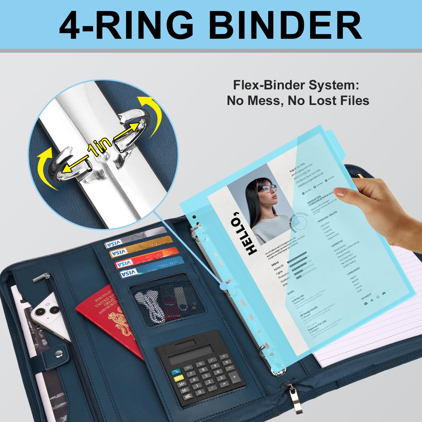 Eshow Portfolio Organizer – Raccoglitore a 3 anelli con cerniera, in pelle vegana, con blocco note, include 5 protezioni per fogli colorati per documenti per uomini e donne