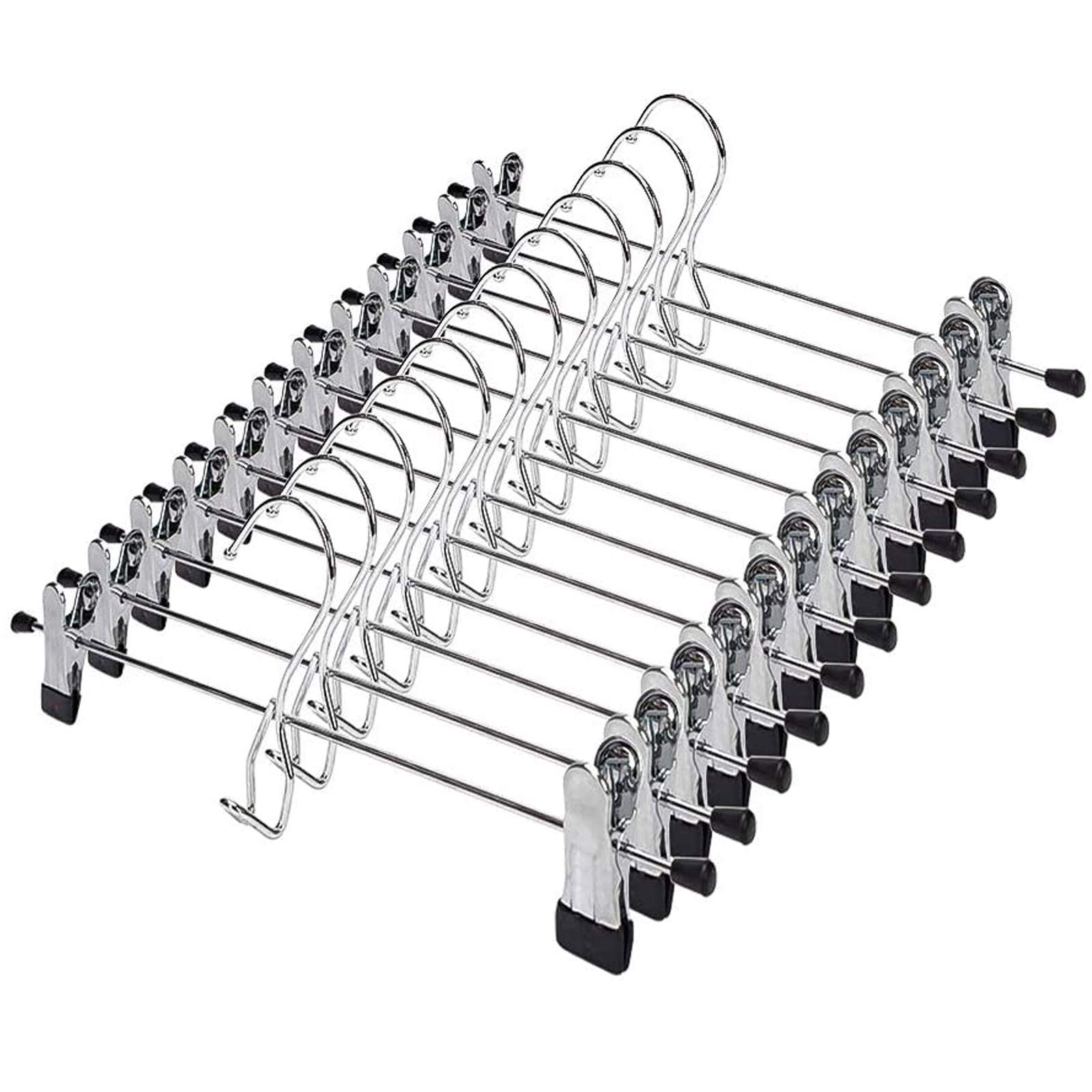 JS HANGER Pants Hangers 12 Pack Multi Stackable Add on Trousers Hangers Heavy Duty Space Saving Skirt Hangers with 2-Adjustable Clips, Chrome + Black