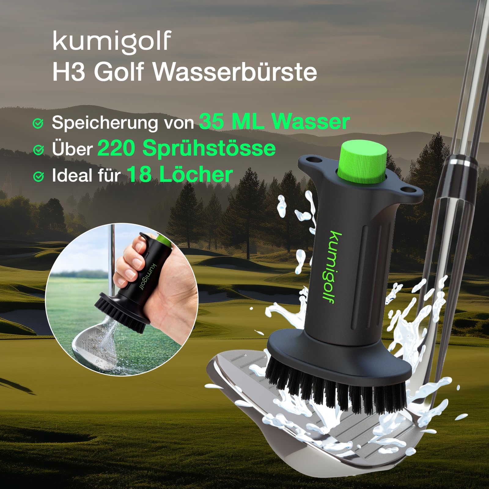 H3 Golf Wasserbürste mit Wassertank – Golf Bürste für Golfschläger Reinigung, Golfschläger Bürste & Schlägerreiniger – Magnetclip, Nylonborsten – Premium Golf Zubehör Geschenk
