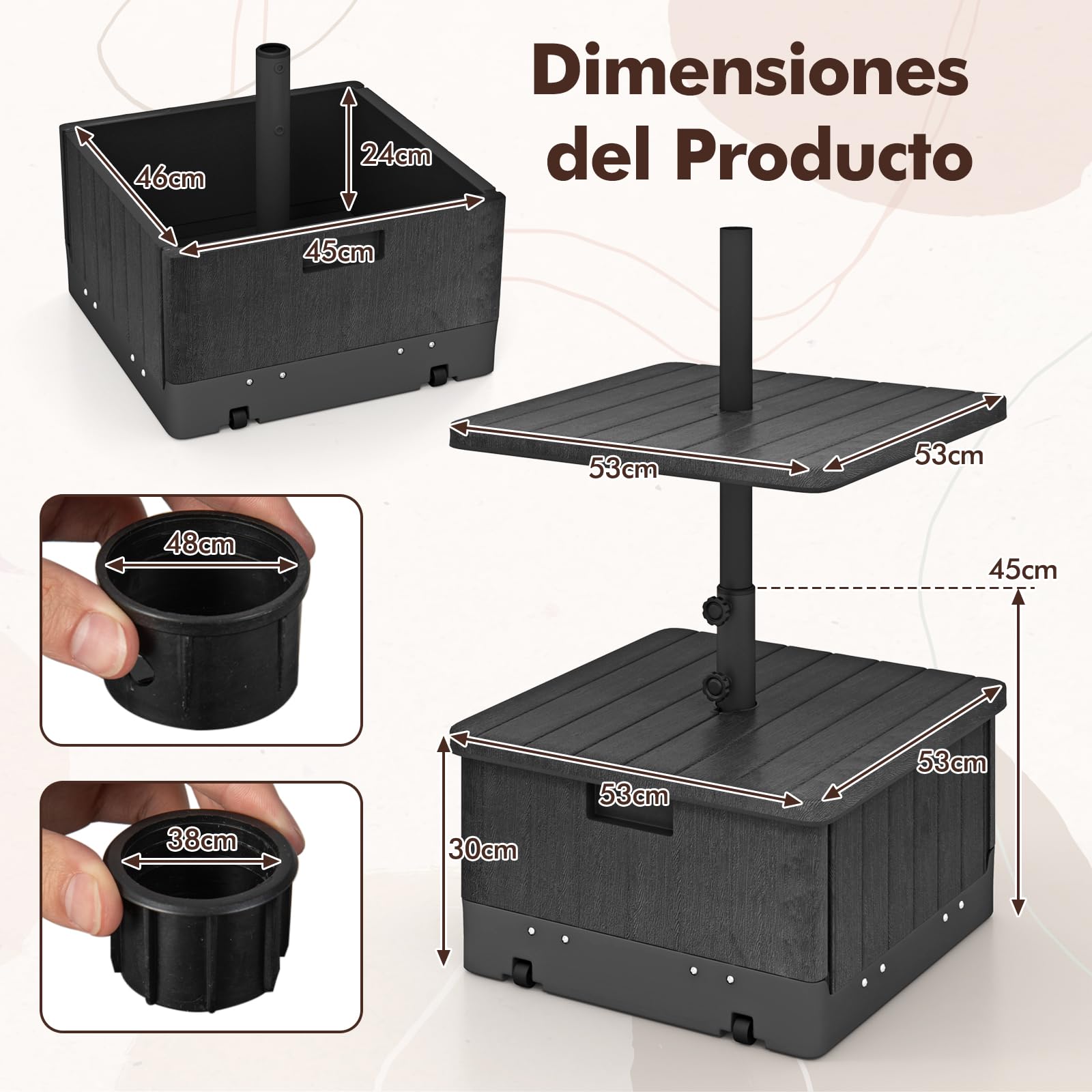 GOPLUS Base De Sombrilla Móvil Rellenable De Alta Resistencia, Soporte Para Sombrilla Con Ruedas Y Asa, Bandeja De Mesa, 2 Perillas Ajustables, Para Poste De Diámetro. 38mm/48mm (Negro)