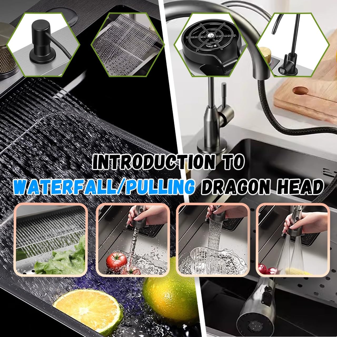 Set multifunzione da 80 x 50 cm in acciaio inox con lavello e tagliere, rubinetto ad alta pressione con spruzzatore estensibile e cestello antigoccia, ideale per cucina e preparazione di cibi