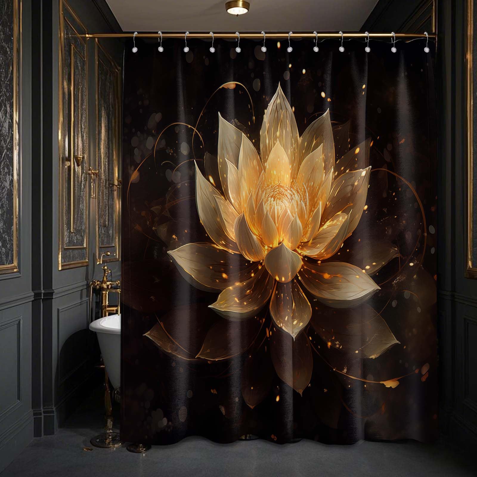 LanZanthic Lotus Shower Curtains for Bathroom Black and Gold Floral Spa Zen Wet Room Shower Curtain with hooks