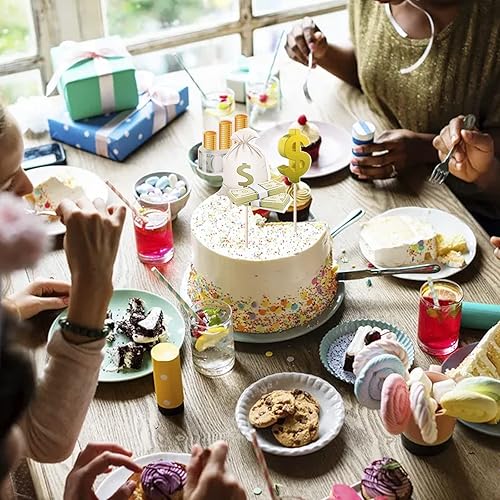 Miniatura 4 de Juego de 10 decoraciones para tartas de feliz cumpleaños, letrero de billete de dólar, decoración temática de dinero para fiesta de cumpleaños,