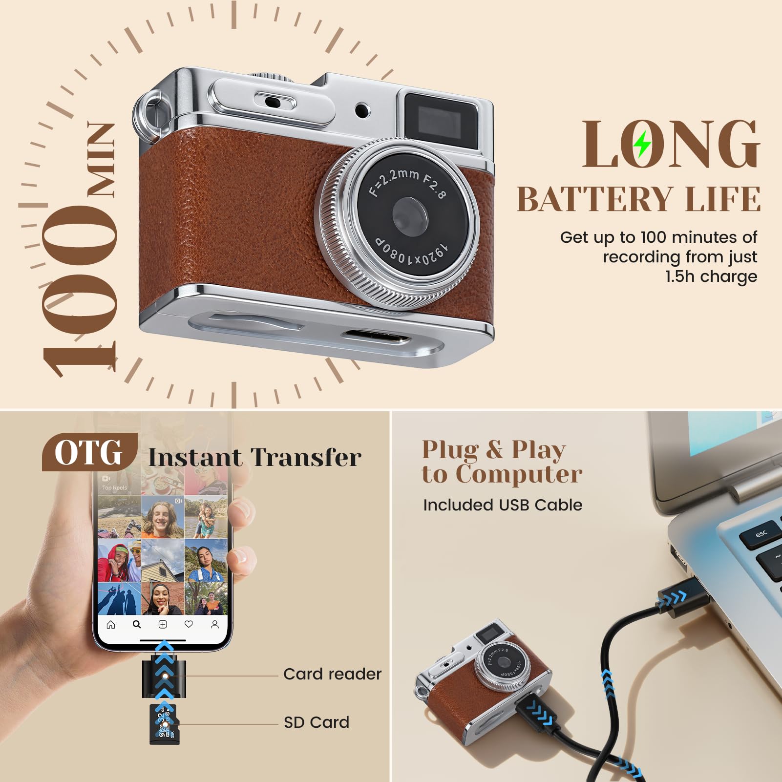 Mini cámara con llavero – Mini cámara digital retro HD de 1080p, compacta retro con tarjeta SD de 32 GB, pantalla HD de 0.96 pulgadas, grabadora de video portátil de bolsillo para grabación de fotos