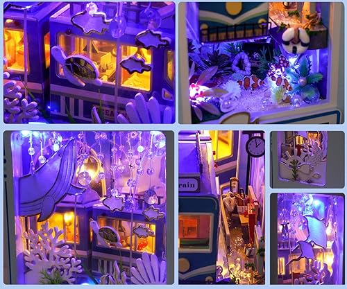 Miniatura 5 de Kit de bricolaje para rincón de tren en miniatura, soporte de madera para casa de muñecas de bricolaje, estante de libro, kit de casa de muñecas en