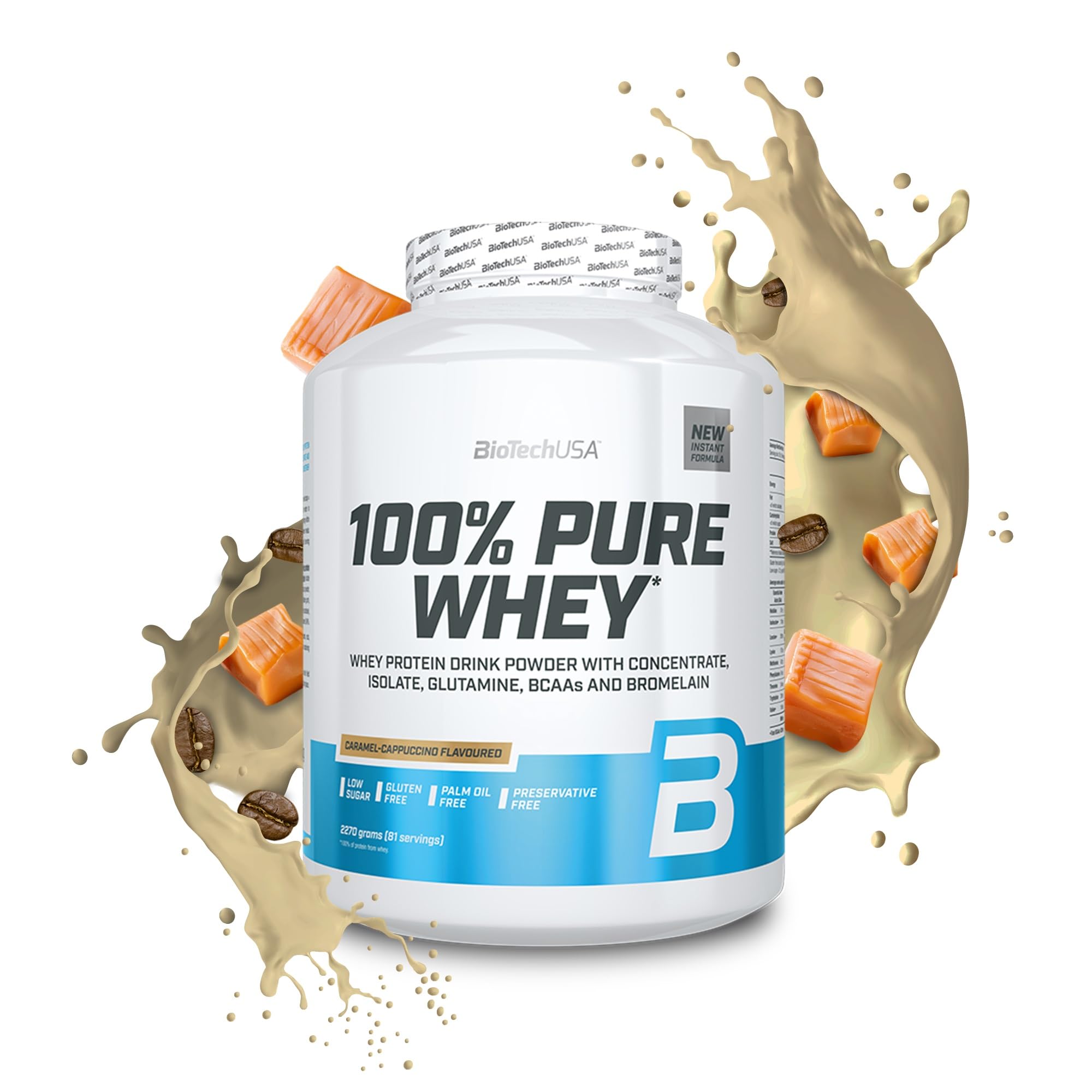 BioTechUSA100% Pure Whey | Protein Powder with BCAA and Glutamine | Gluten-Free, Palm Oil Free | 21g Protein per Serving, 2.27 kg, Caramel-Cappuccino