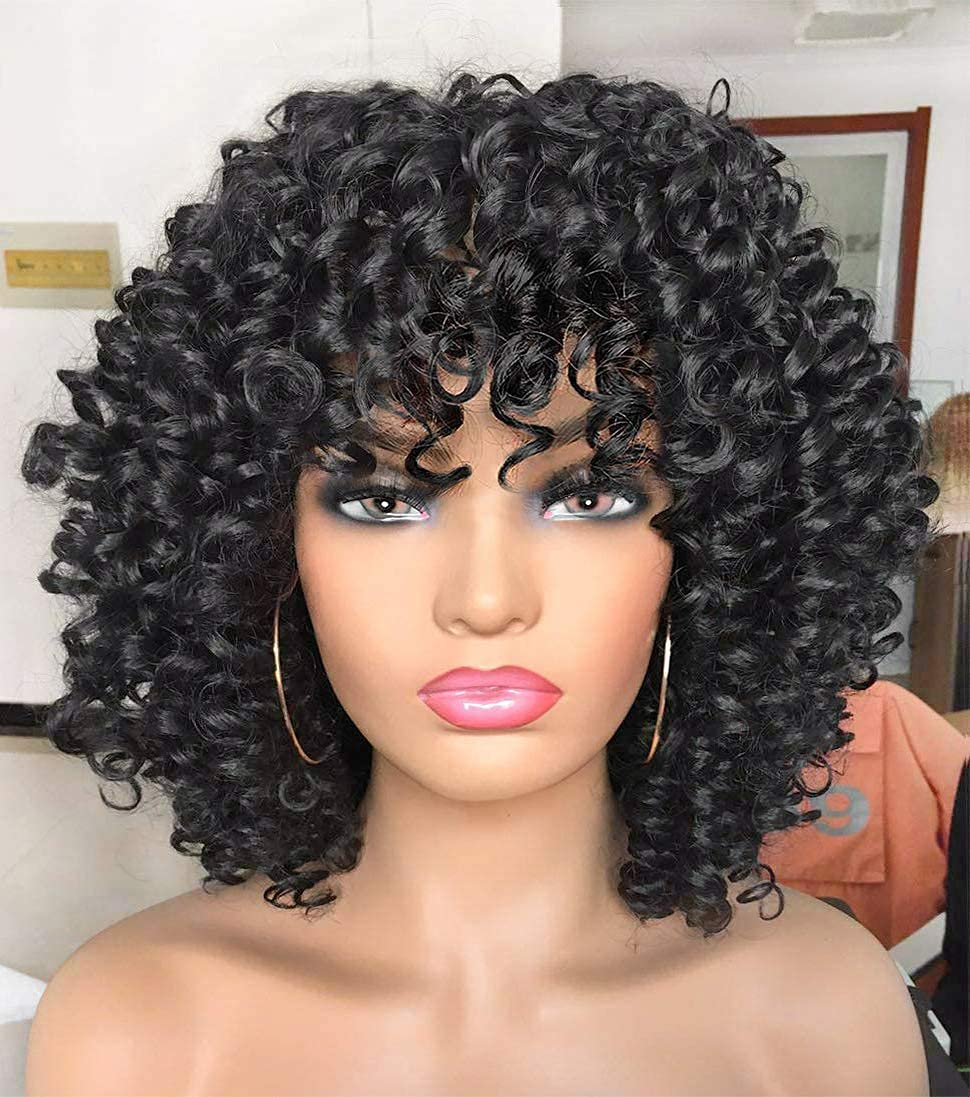 RunM hair Short Curly Wigs for Black Women with Bangs Natural Black Curly Afro Wig Big Bouncy Fluffy Kinky Synthetic Wig for Daily Party Cosplay
