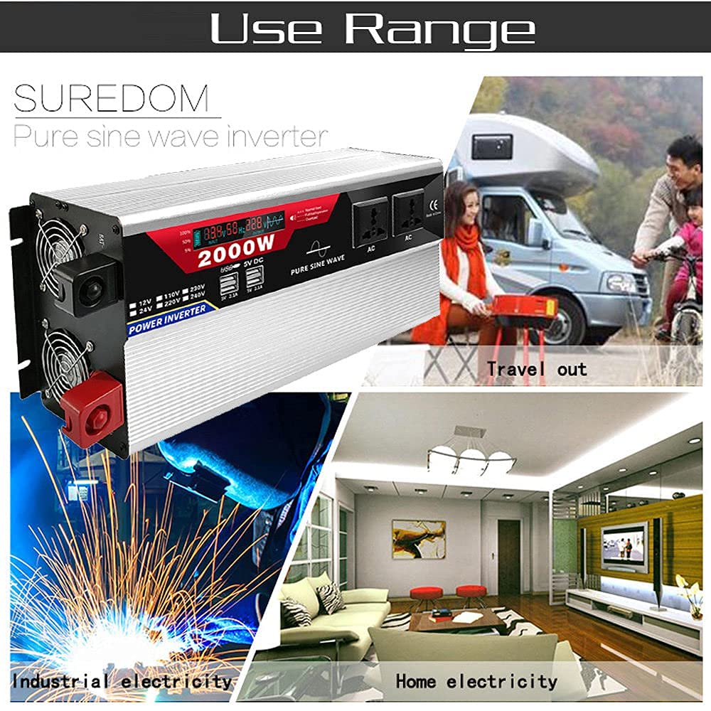 RajoNN Inversores de Corriente 2000W 3000W 4000W 6000W Inversor de Onda sinusoidal Pura Pico 12V 24V CC a 110V 220V AC Inversor de Corriente para automóvil con Control Remoto 2 Salidas de CA 6