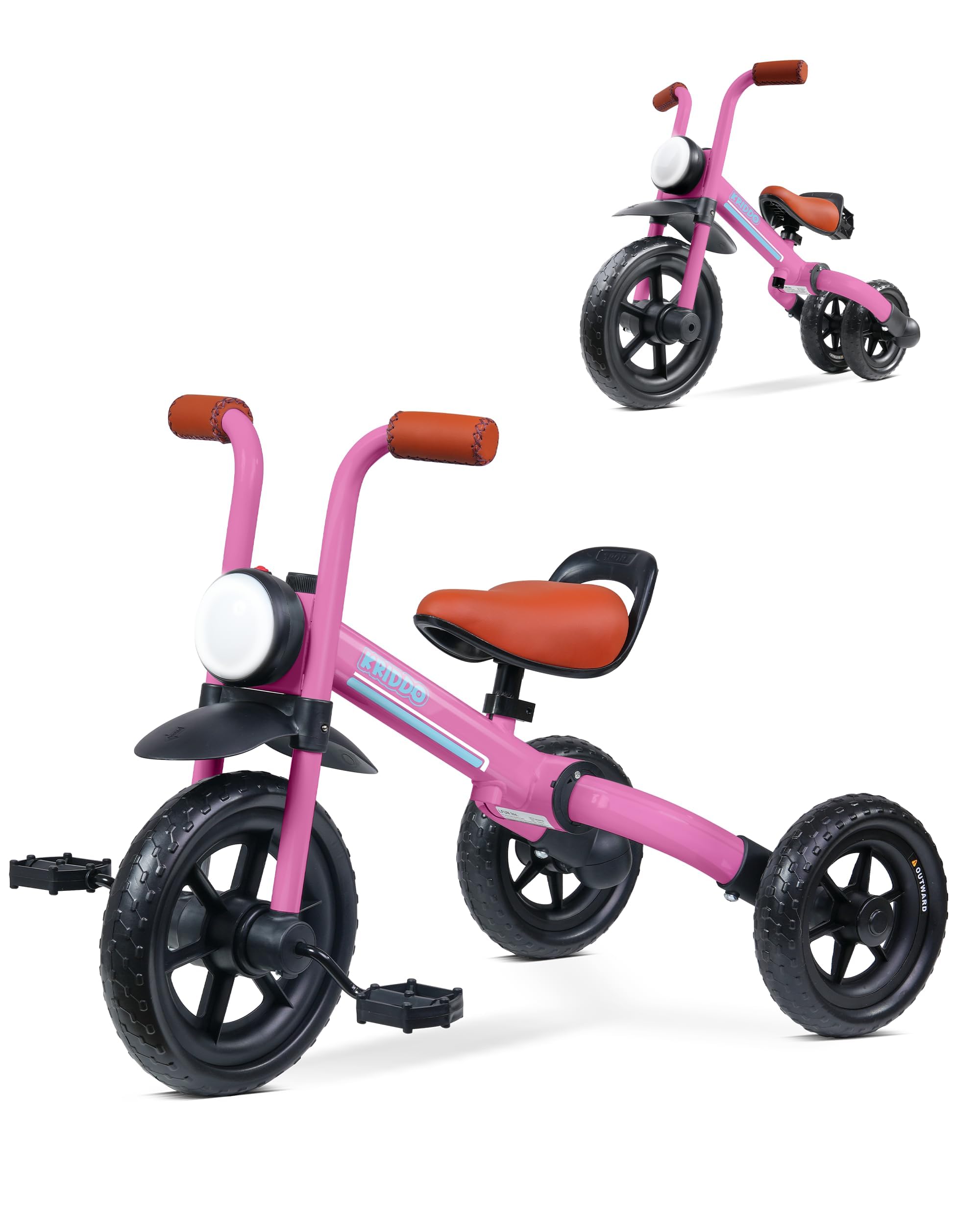 KRIDDO 2-in-1 Kids Balance Bike and Kids Tricycle for 2 to 5 Year Old, Toddler Balance Bike with Detachable Pedals, Tricycles for 3-5 Year Olds with Stitched Soft Grip, Pink