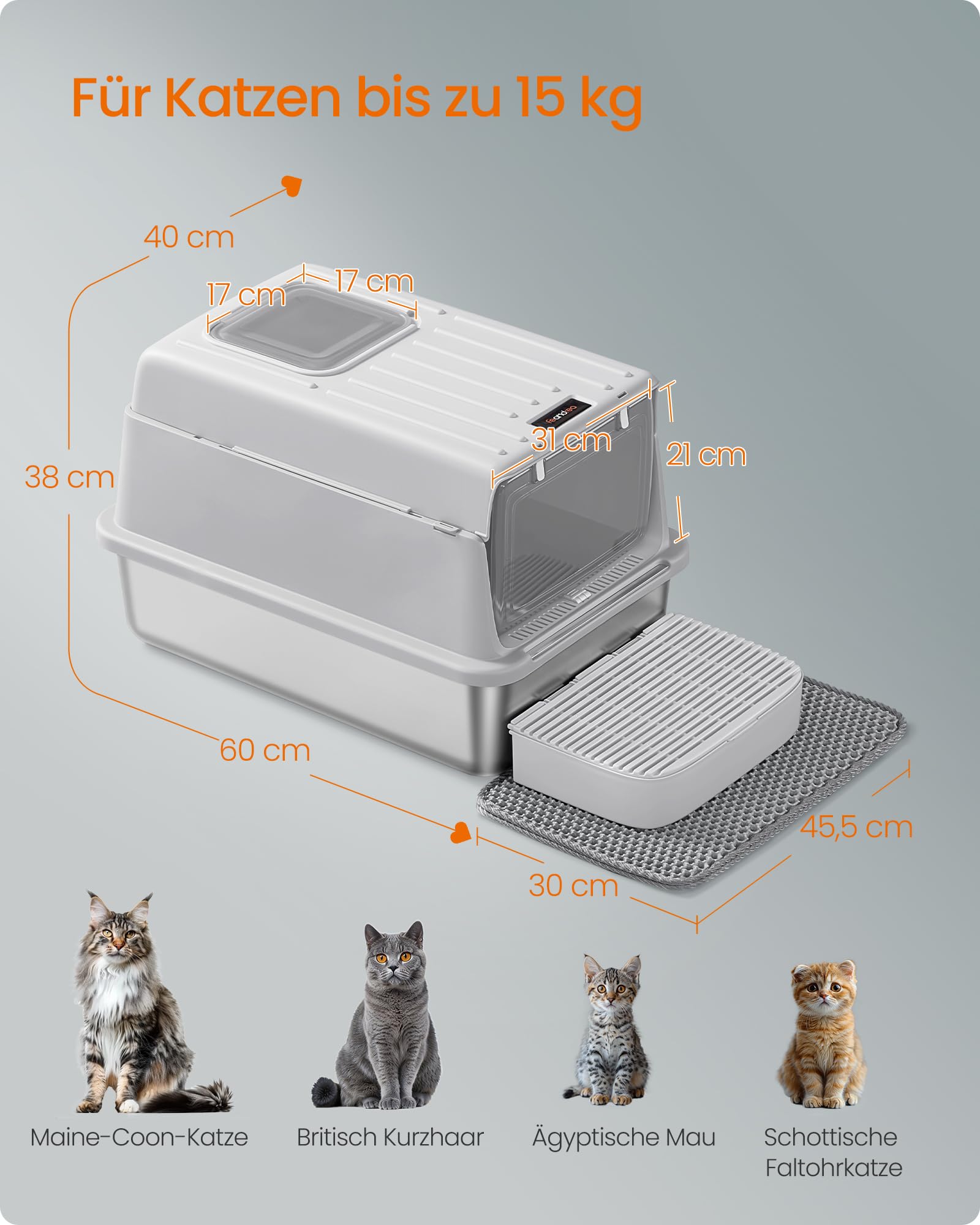 Feandrea Katzenklo Edelstahl, Katzentoilette mit Deckel, mit Schaufel, Katzenstreumatte und 2 Eingängen, für Katzen bis 15 kg, hellgrau PPT007GD01