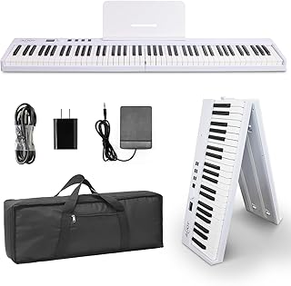 AiJoy ASP-10F - Teclado de piano de 88 teclas con teclas semipesadas, piano plegable portátil, 128 tonos, altavoces, USB-MIDI, bolsa de transporte, pedal de sostenimiento, piano de teclado eléctrico de pie para principiantes, color blanco