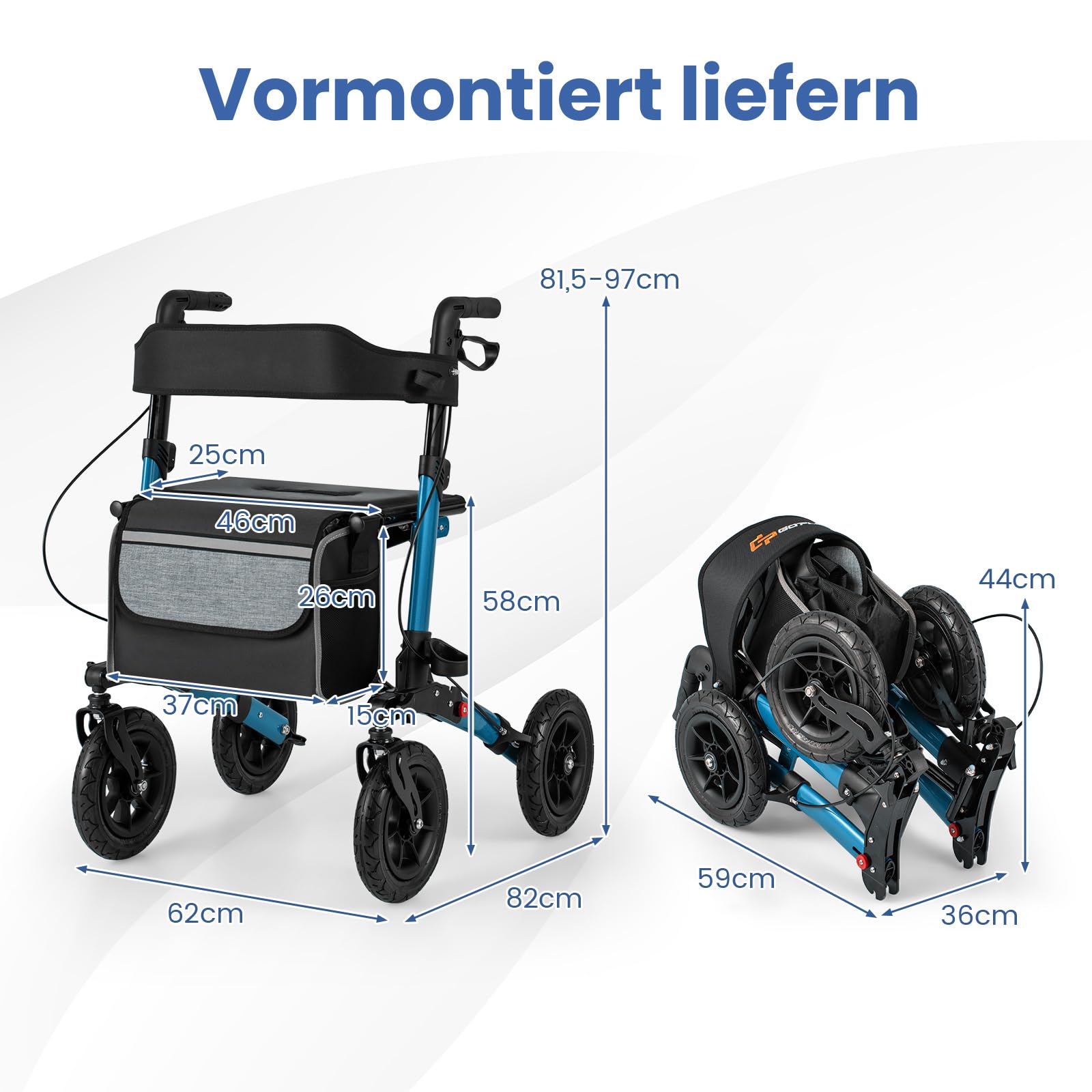 COSTWAY Rollator mit Luftbereifung, faltbar und leicht mit Sitz, Aluminium, bis 140 kg, 2 in 1 Rollstuhl & Reiserollator, Gehhilfe 7-fach höhenverstellbar, Gehwagen mit Tasche & Stockhalter (Blau)
