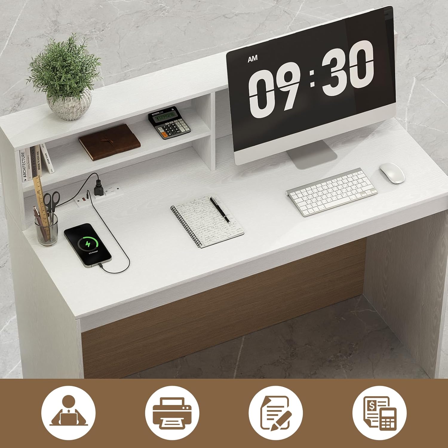 TUSY 42.2" H Modern Reception Desk - Small Front Desk with Adjustable LED Light, Reception Room Table with Built-in USB Outlet for Office Salon (47.2" W x 19.69" D x 42.2" H)