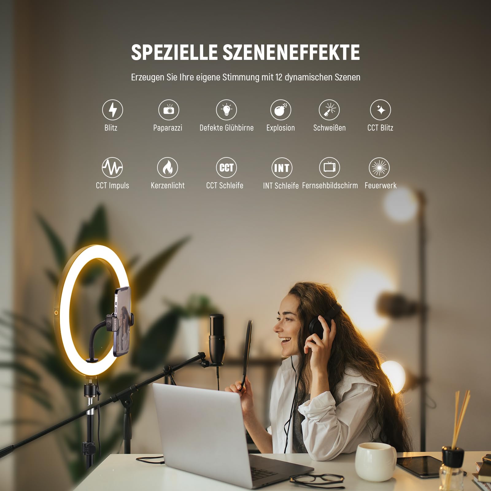 NEEWER 30,5cm(12Zoll) 24W Hochleistungs LED Ringlicht für Telefon mit 181 Zoll Halterung Bicolor 2900K-7000K USB Eingang Typ C PD CRI97+ 1810lux/0,5m 12 Szenen für Live Übertragung Zoom TikTok, RH12B