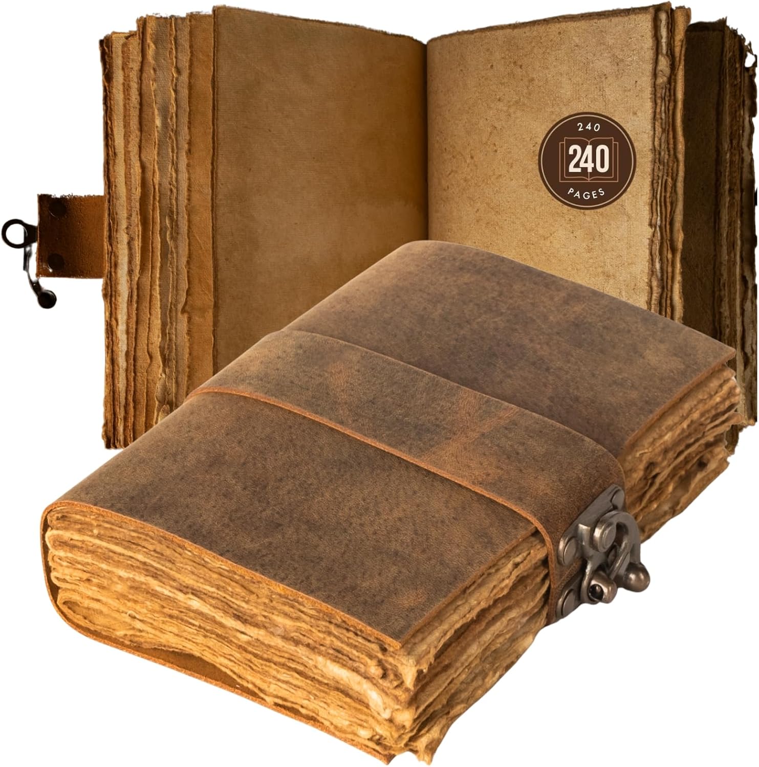 NomadCraftsCo. Vintage Leather Journal - Lock Closure, Book of Shadows Journal, Grimoire Journal, Witch Journal, Vintage Journal 240 pages Antique Deckle Edge Paper