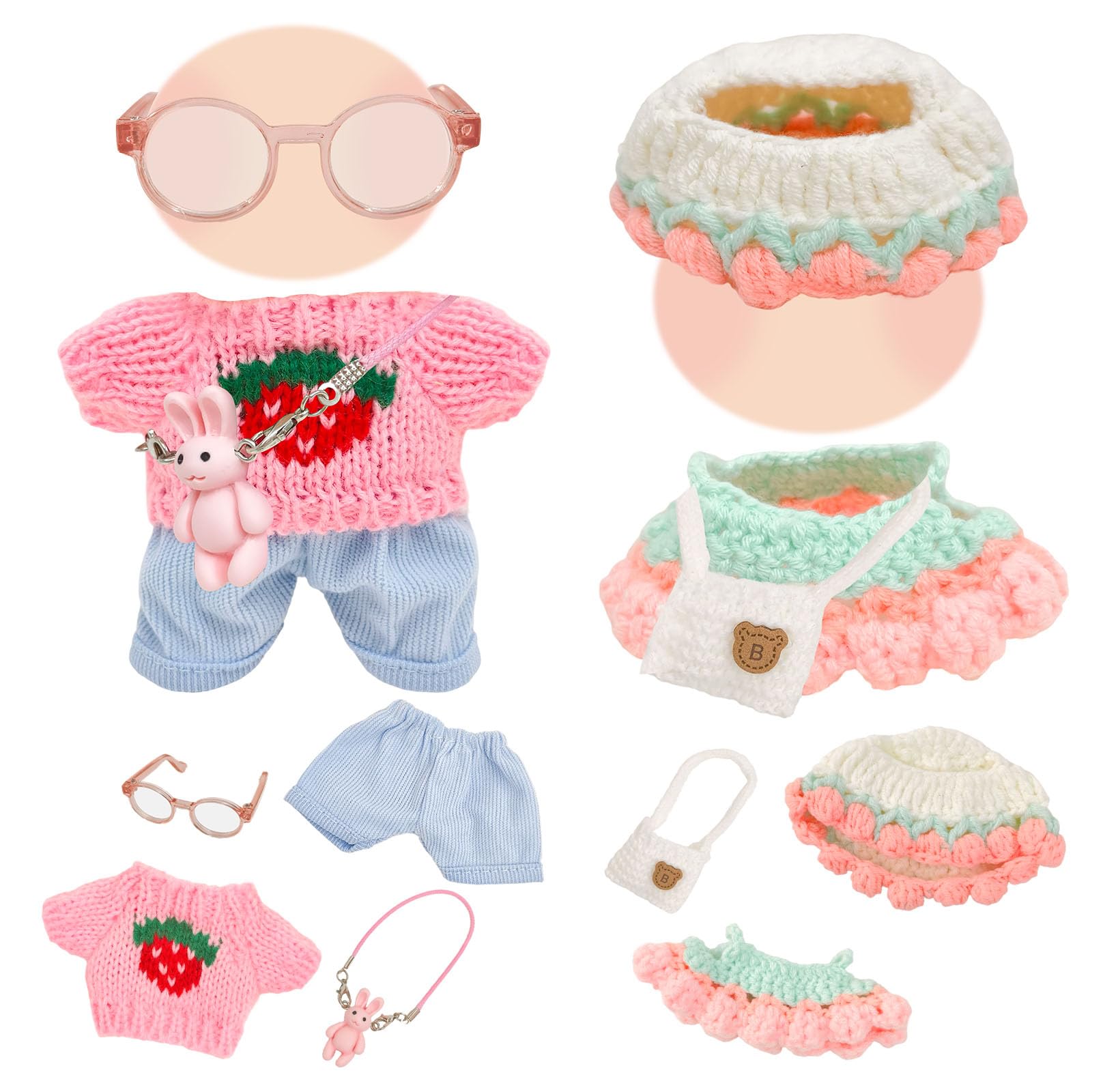 2 Set Kleidung für 17cm Puppe, Puppenkleidung Set mit Strickkleid, Hut, Umhängetasche + Erdbeer Pullover, Hose, Brille, Kaninchentasche, Zubehör Outfit für Plüsch Puppen (Ohne Puppe)