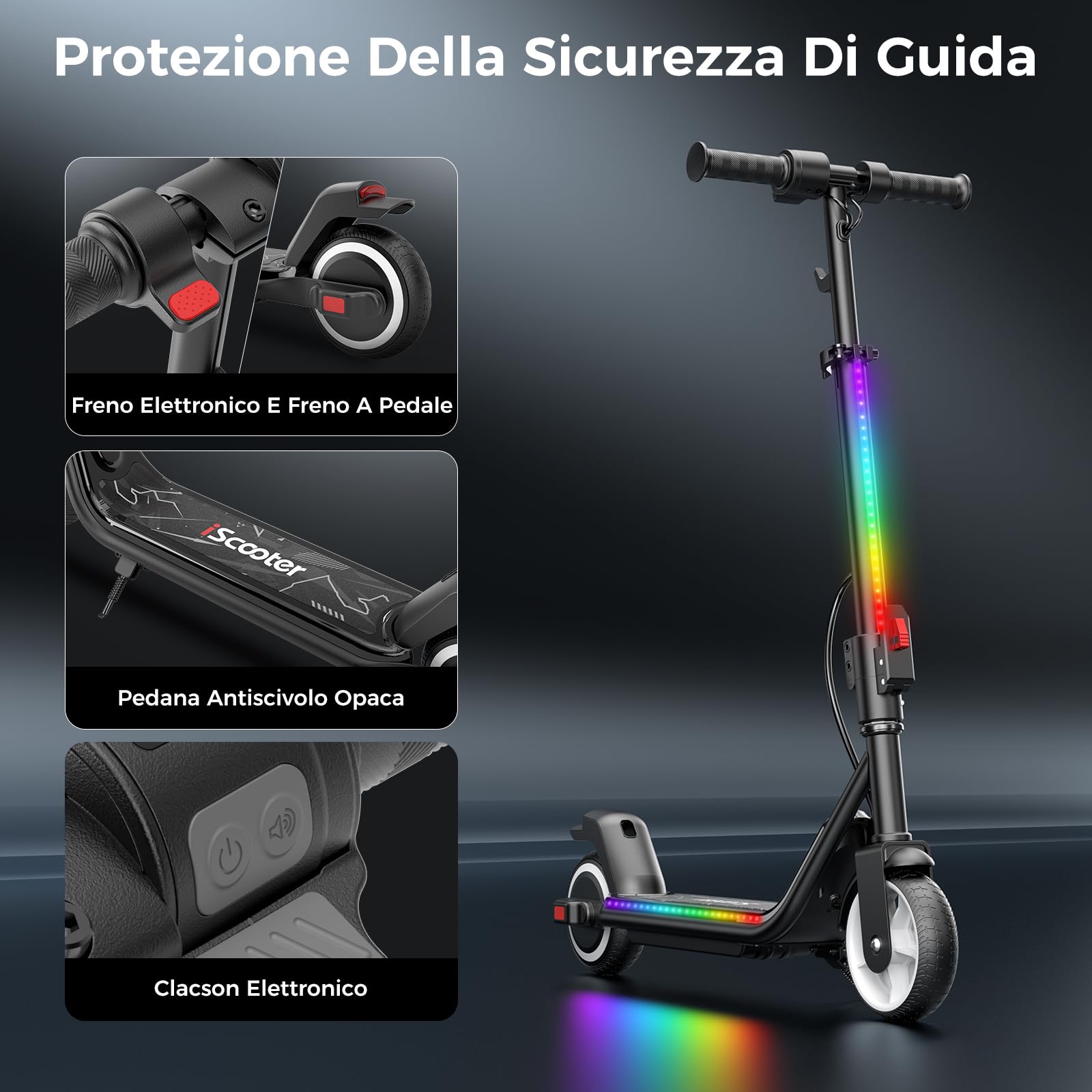 iScooter IK3MAX Monopattino Elettrico Bambini 6,5" Pieghevole,Per 8-15 Anni,Velocità 8/13/19 km/h,Autonomia 13km,Schermo LED,Luci Colorate,Bluetooth,Clacson,Manubrio Regolabile