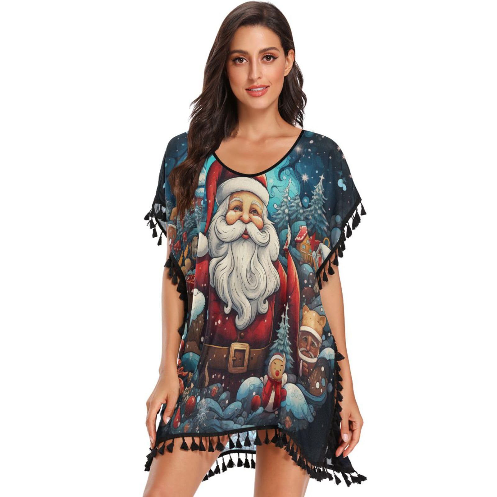 KAAVIYO Cute Santa Christmas Women's Beach Cover Up Chiffon Tassel Swimwear Swimsuit Coverups for Girl
