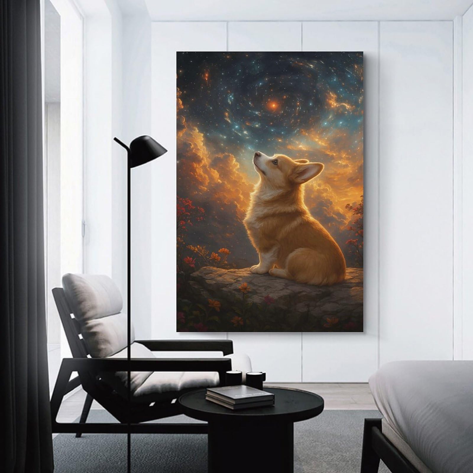 Junmoney Corgi Gazing at The Cosmos Hanging Wall Art 24x36inch(60x90cm), for Study, Office Or Focused Interiors, Wall Art That Adds Style to Work Areas