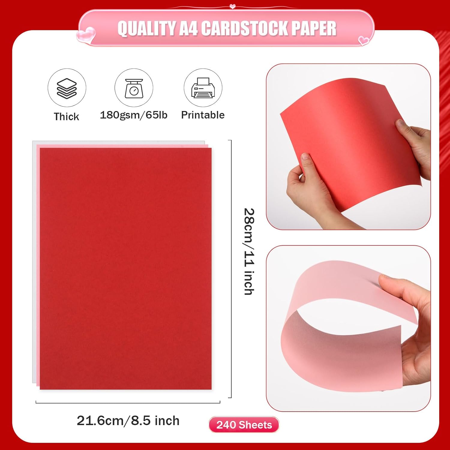 240 Sheets Valentine's Day Cardstock Paper 8.5 x 11" Red Pink White Thick Cardstock Paper 180gsm/65lb Medium Weight Cover Card Stock A4 Printer Paper for Arts & Crafts, Invitations, Greeting Cards