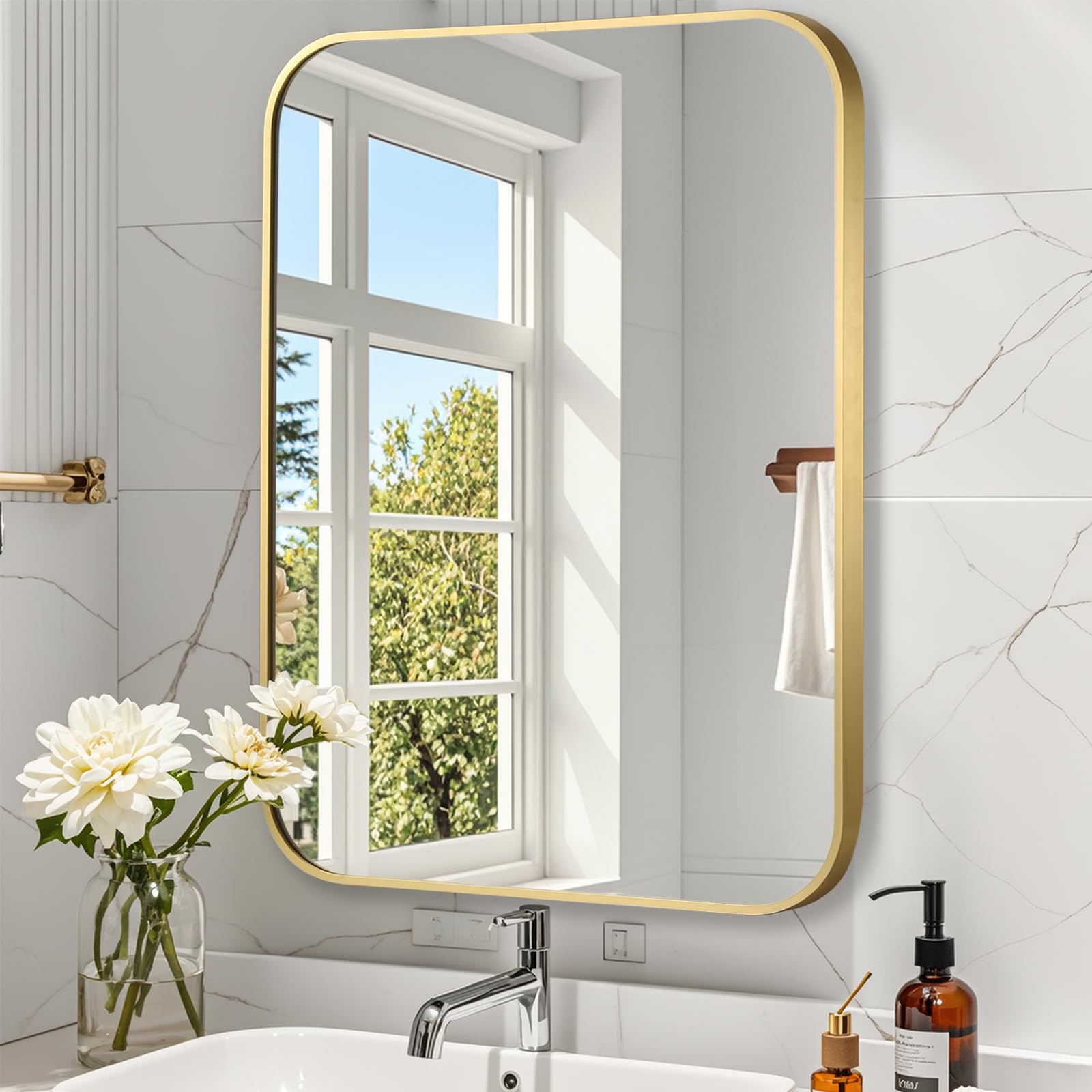 Brushed Gold Mirror, 24"x32" Rectangle Bathroom Mirror, Metal Frame Rectangle Corner Vanity Mirror, Wall Mounted Mirror for Modern, Living Room, Bedroom, Horizontal Or Vertical