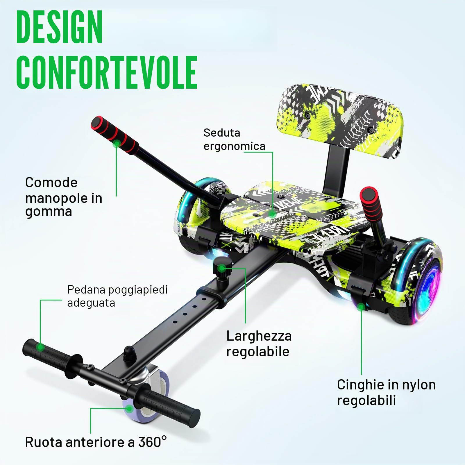 SISIGAD Hoverboard, fissaggio del sedile per scooter combo con luci LED corlorful Bluetooth, lunghezza del telaio regolabile per bambini
