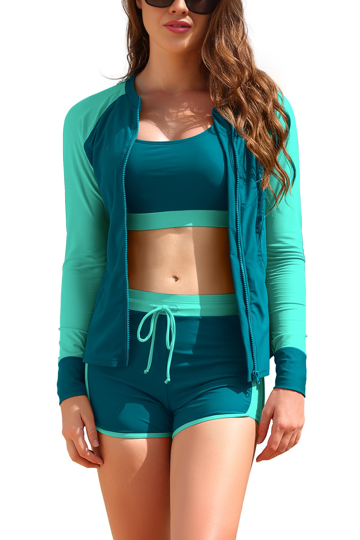 SHEKINI Rash Guard Set 3 Pièces Femme Haut de Maillot de Bain Rashguard Manches Longues Zippé+Brassiere+Shorts de Sport pour Surf Séchage Rapide