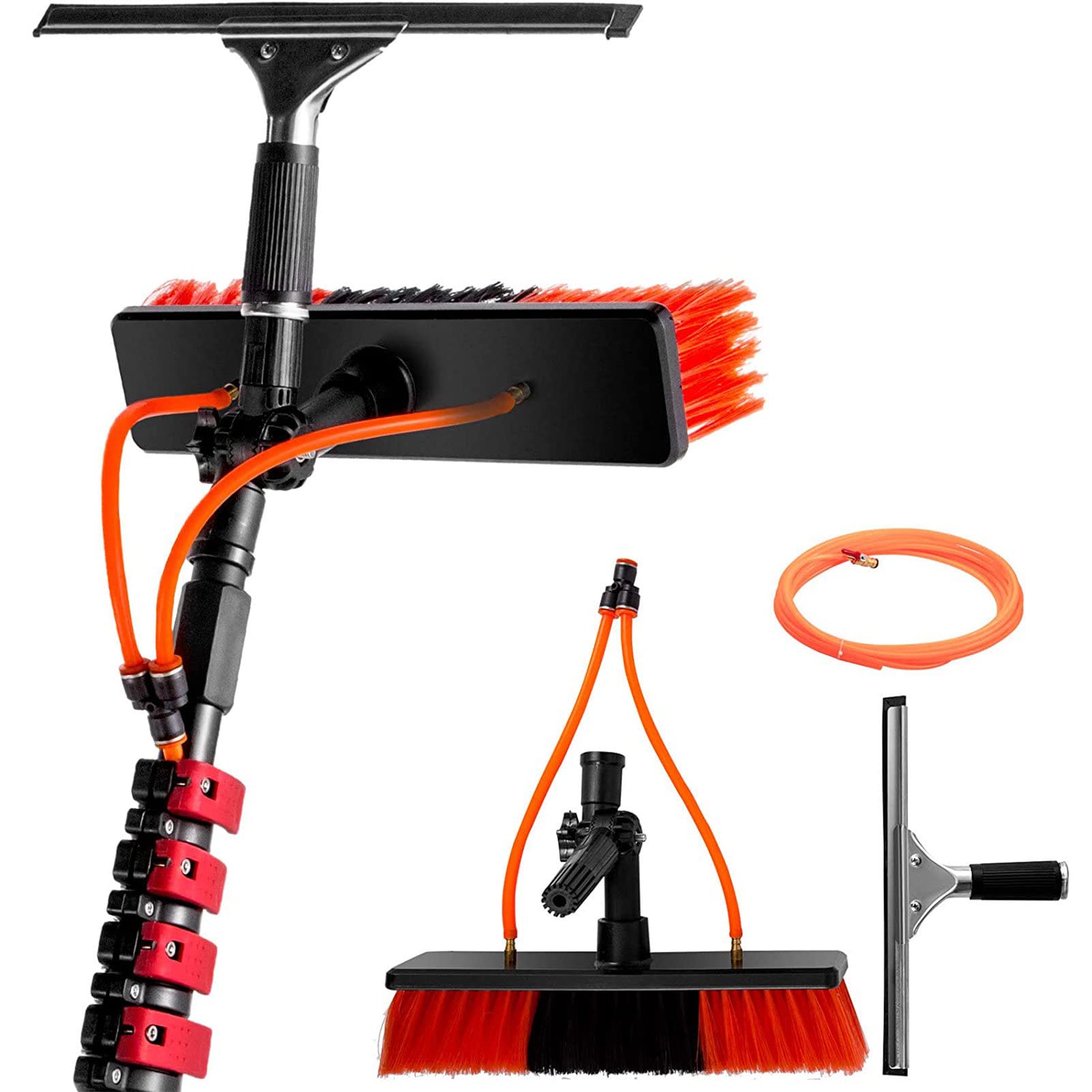 Kit per la Pulizia di Pannelli solari - Spazzola telescopica ad Acqua da 3-12 m con Raschietto e Asta di prolunga, Ideale per fotovoltaici, Camion e finestre, Testina della Spazzola da 30 cm