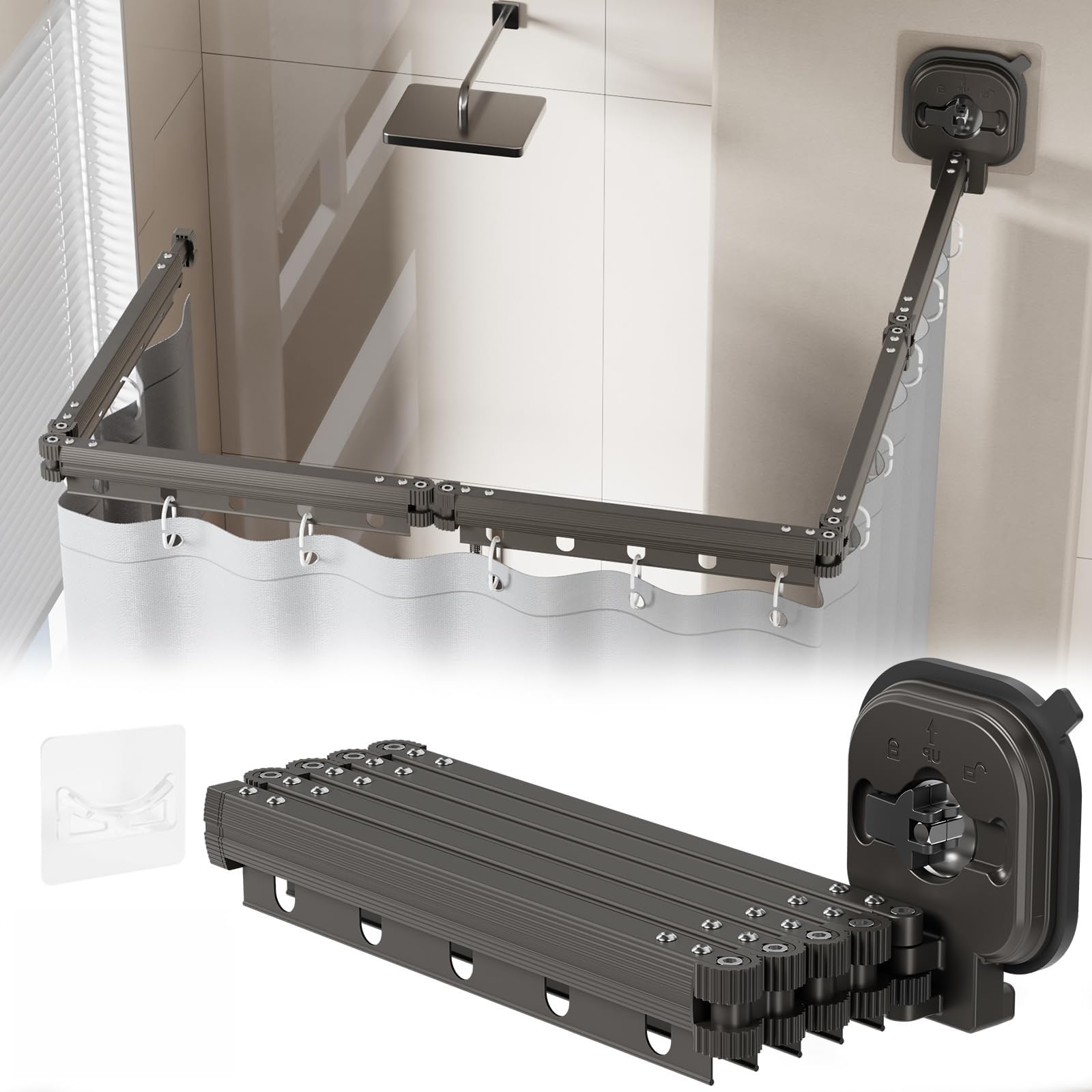 Cinq Directions Barre de Douche Pliable avec Rideau - Tringle de Douche en Aluminium à 5 Sections, Ventouses Incluses - Idéale pour Salle de Bain, Chambre, Balcon et Angle de Baignoire