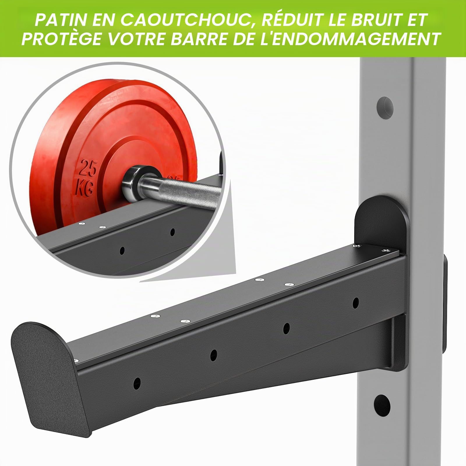 Kipika Bras de sécurité et crochets en J pour supports de puissance de 5,1 x 5,1 cm et 7,6 x 7,6 cm – Supports d'haltères robustes et loquets avec coussinets en caoutchouc – Fixations pour rack