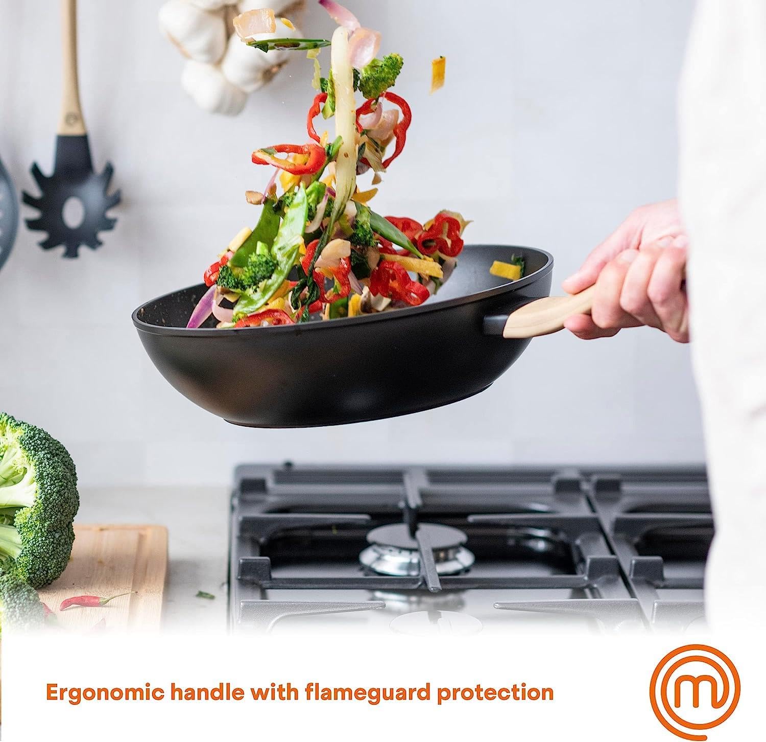 Niet-plak Wokpan MasterChef Wok 28 Cm - Non-stick, Voor Alle Kookplaten Incl. Inductie | Zwitserse Anti-aanbaklaag, Houtlook Handvat Non-stick Wok 28 Cm