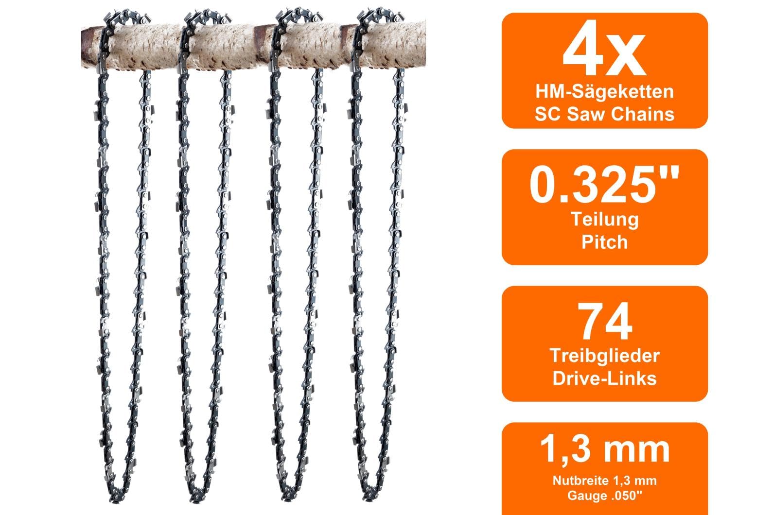 SECURA 4 Chaînes compatible avec Stihl MS261 Tronçonneuse avec 45cm 0.325 74M 1,3mm