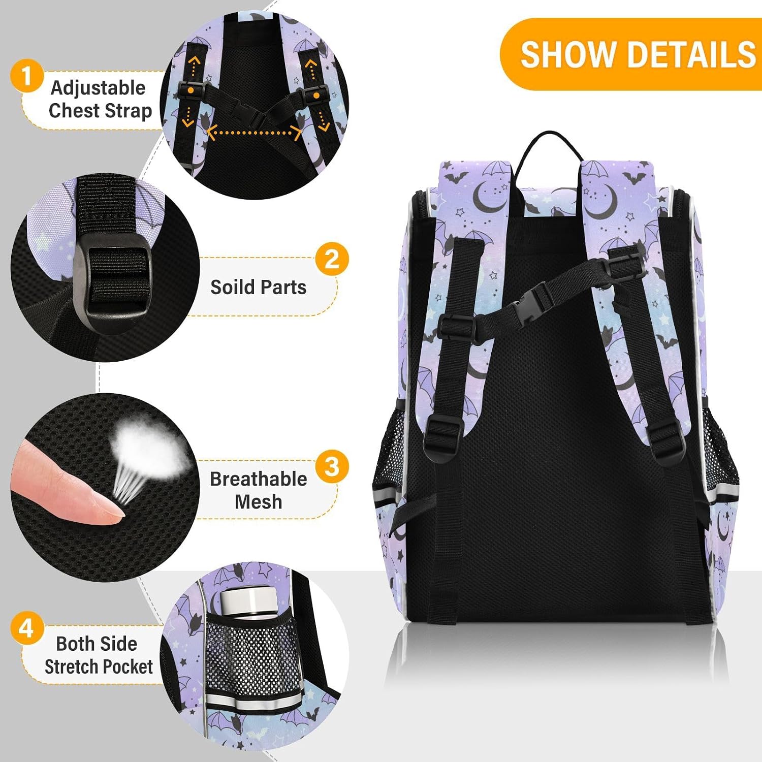 Backpack Purple Bat Moon School Backpack Travel Hiking Large Capacity Causal Daypack Bookbag Laptop Schoolbag with Reflective Tape for Boys Girls Adults