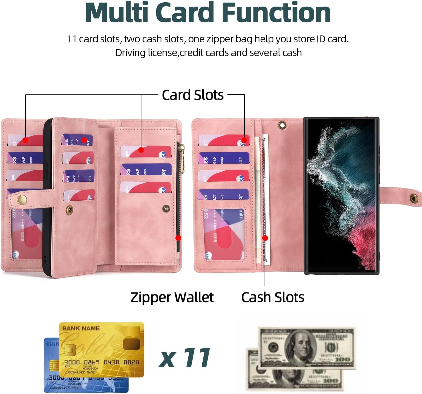 TwoHead for Samsung Galaxy S22 Ultra Wallet Case with Card Holder & Detachable Magnetic Phone Case, Leather All-Round Protection Wallet Phone Case for Women Men,6.8in,Pink