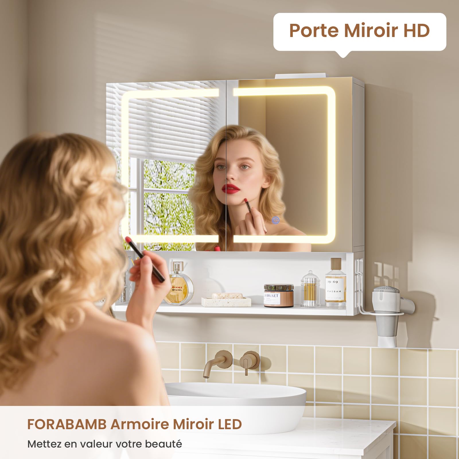 Armoire Murale Salle de Bain avec Éclairage LED et Prises, Armoire de Toilette Miroir avec Étagère Réglable, Température de Couleur Réglable, Meuble de Salle de Bain 60x16x60cm, Blanc