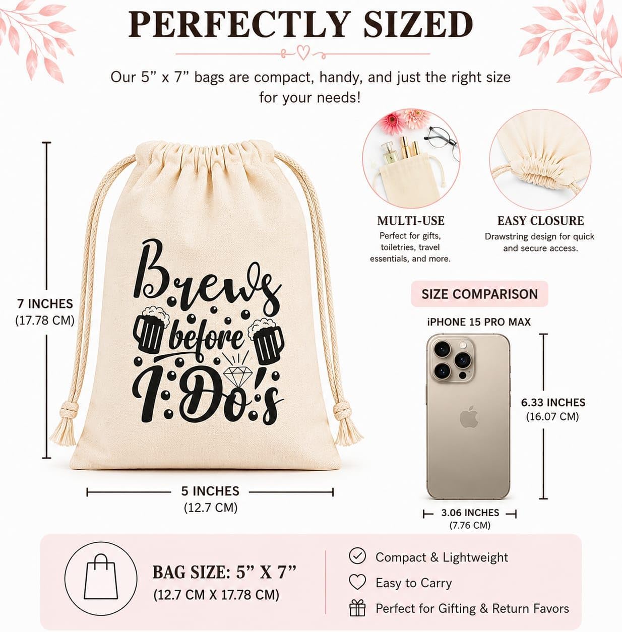 WOW PARTY Bachelorette Party Favor Bags, Wedding Survival Recovery Kit, Drawstring Hangover Kit Bags 5 x 7 Inch, Set of 10 Brews image 3