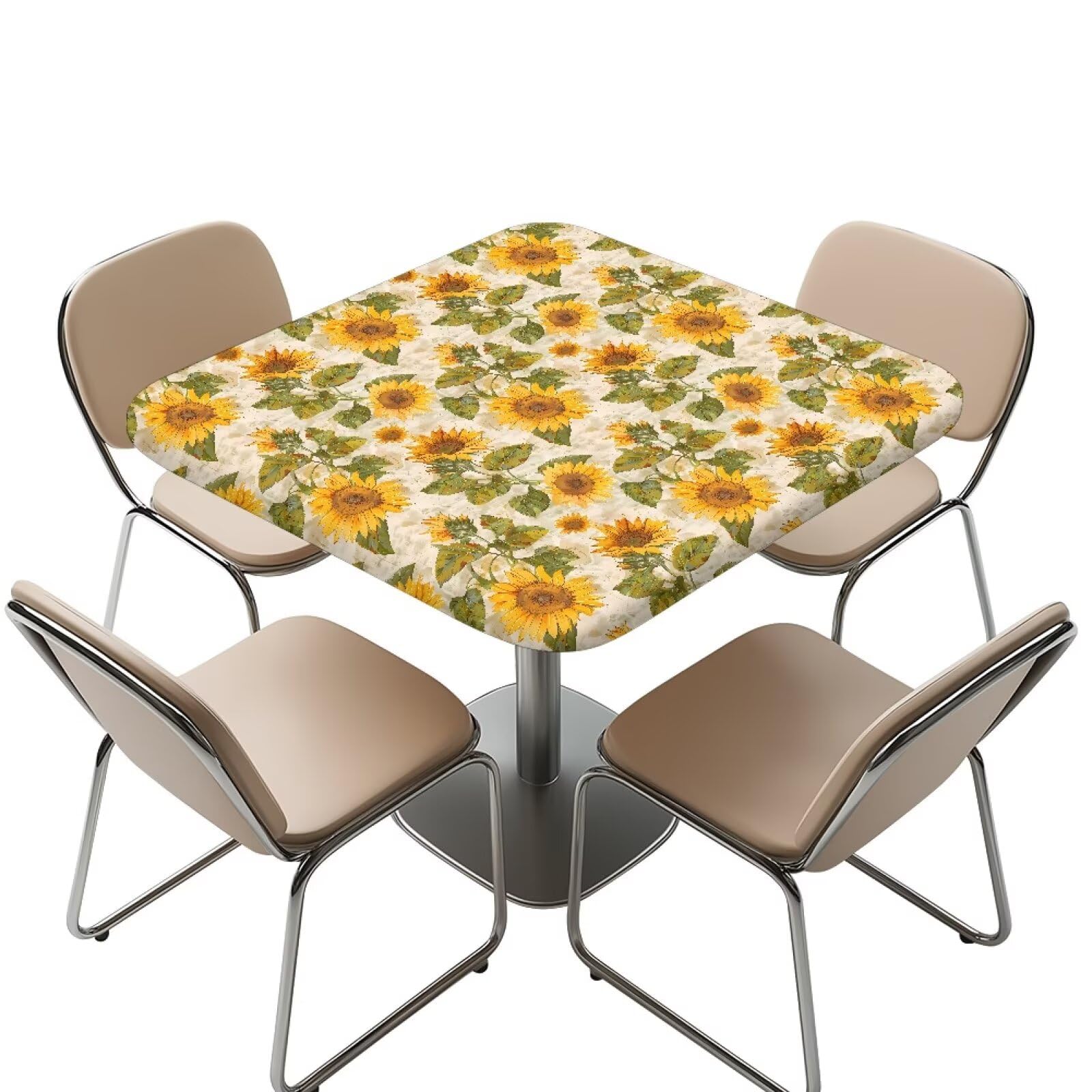 NETILGEN Vintage Sunflower Blossom 36 x 36 inch Square Fitted Tablecloth with Elastic Edges Waterproof Table Cover for Party Patio Home Kitchen Dining