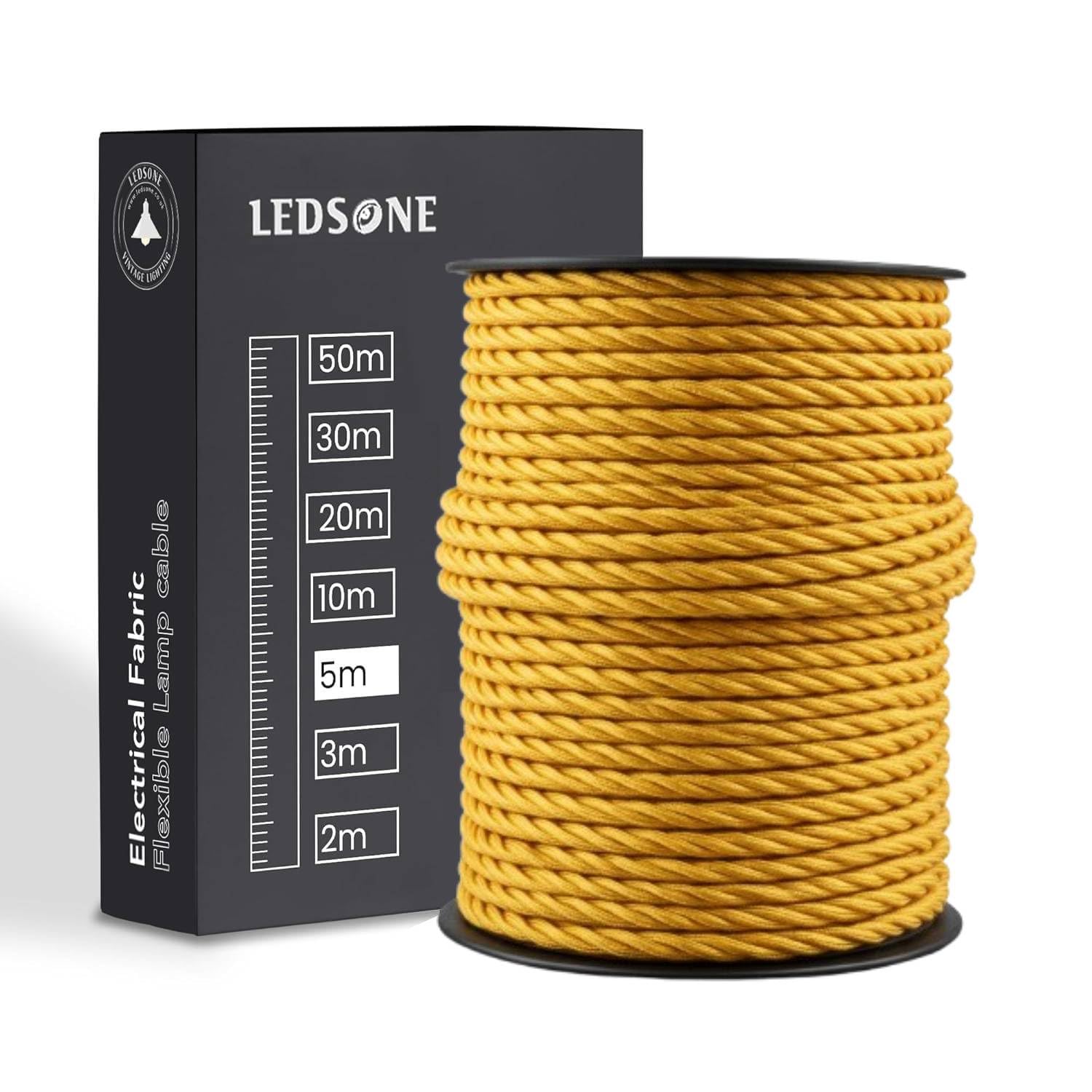 Gold Flex Twisted Vintage-Style Braided Fabric Covered Lighting Flex Cable 5m Pack Length, 2-Core 8 Amp Electrical Wire Lamp Cord for DIY Lamps Industrial Pendant Lights Lighting Appliances