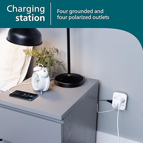 Miniatura 5 de Philips Grifo de sobretensión todo en uno, 4 tomas de tierra y 4 polarizados, 1140 julios, diseño espaciado por adaptador, certificado ETL,